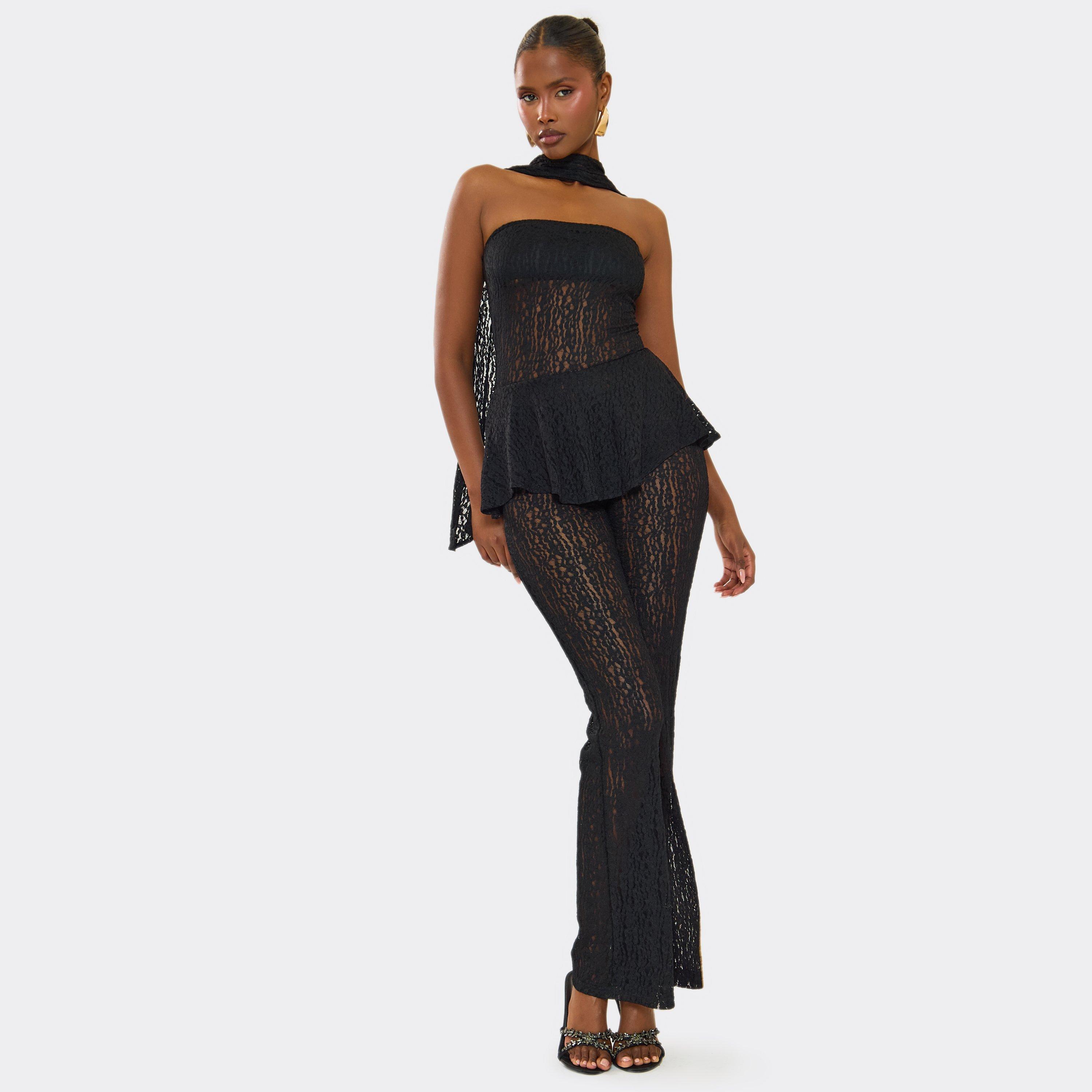Image of Bandeau Scarf Detail Flared Leg Jumpsuit In Black Lace, Women's