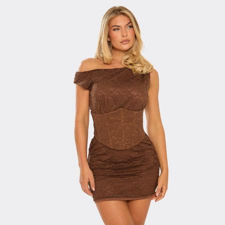 One Shoulder Lace Up Corset Detail Mini Dress In Brown Lace, Women's Size US