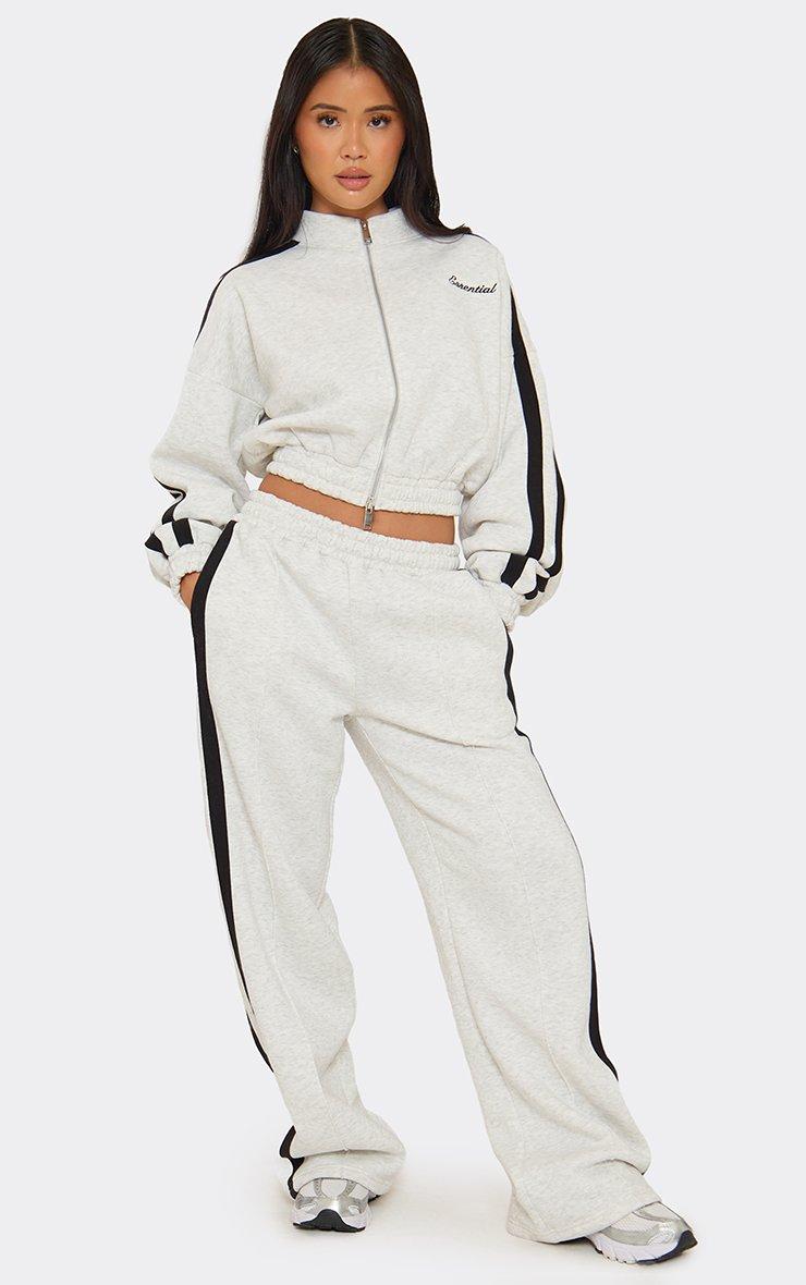 Mid Rise Contrast Stripe Straight Leg Joggers In Light Grey Marl