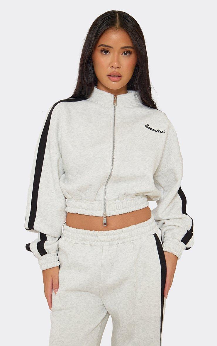 Long Sleeve Contrast Stripe Essential Graphic Zip Up Jacket In Light Grey Marl