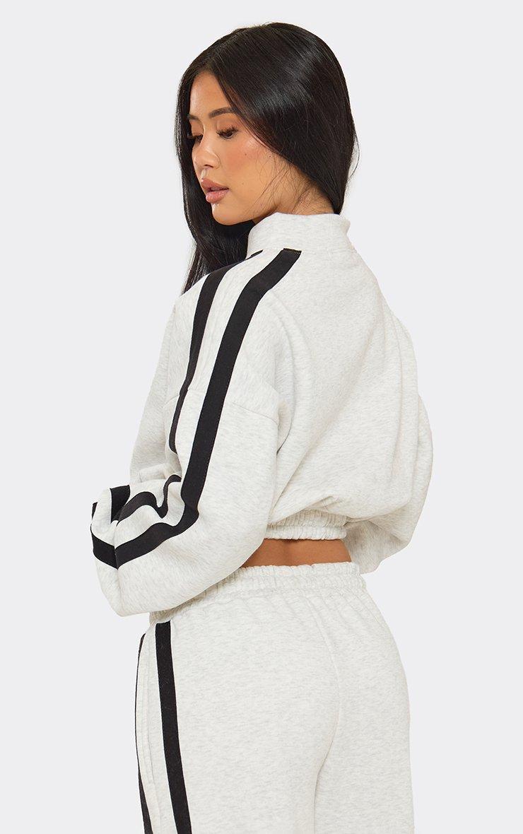 Long Sleeve Contrast Stripe Essential Graphic Zip Up Jacket In Light Grey Marl