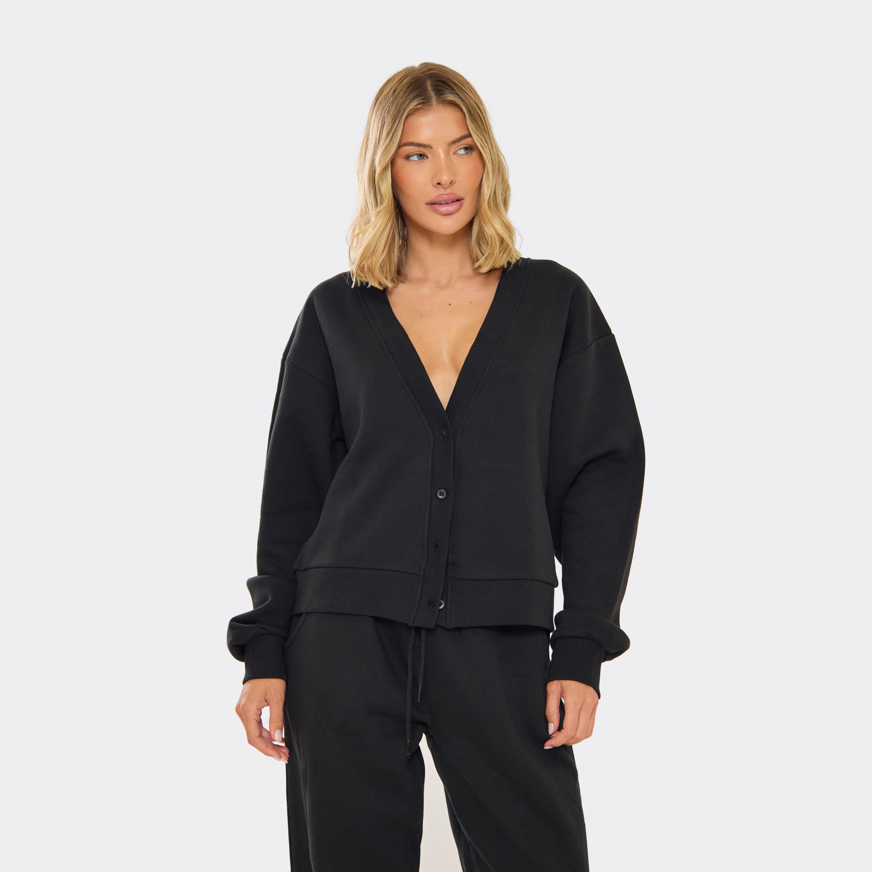 Image of Long Sleeve Button Up Sweatshirt In Black, Women's