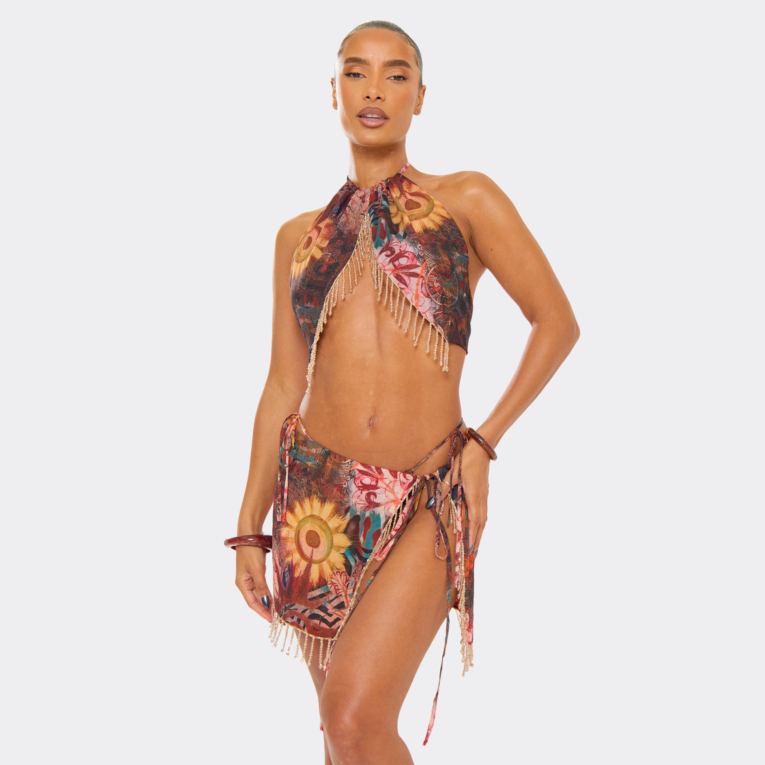 Image of Halterneck Open Back Beaded Trim Detail Top In Multi Abstract Print, Women's