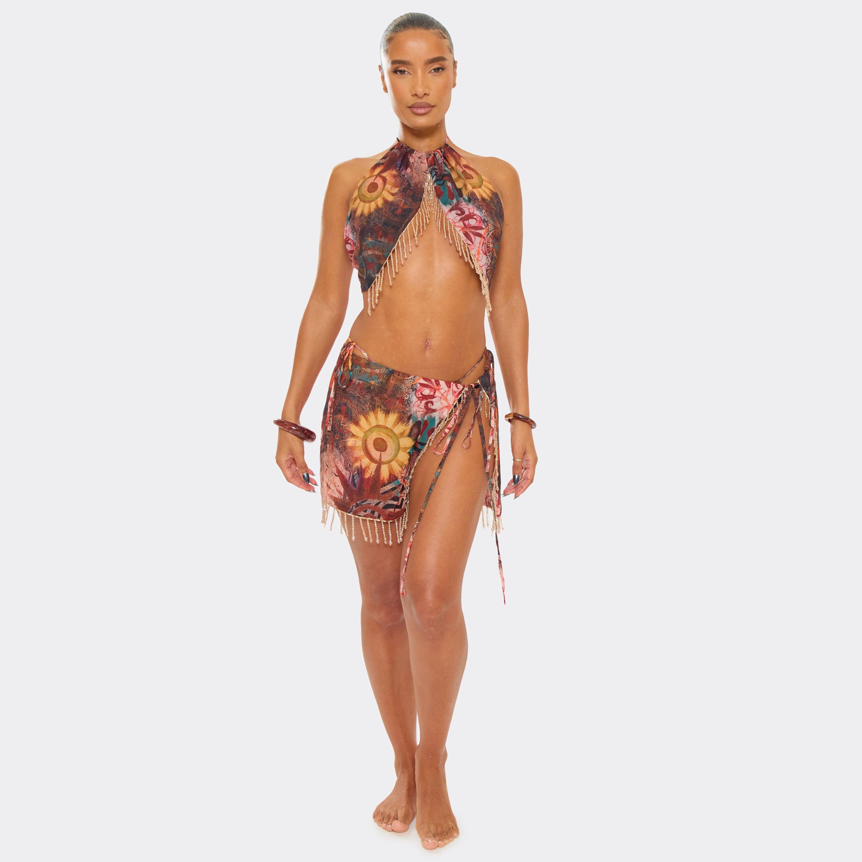 Wrap Waist Beaded Detail Beach Skirt In Multi Abstract Print, Women’s