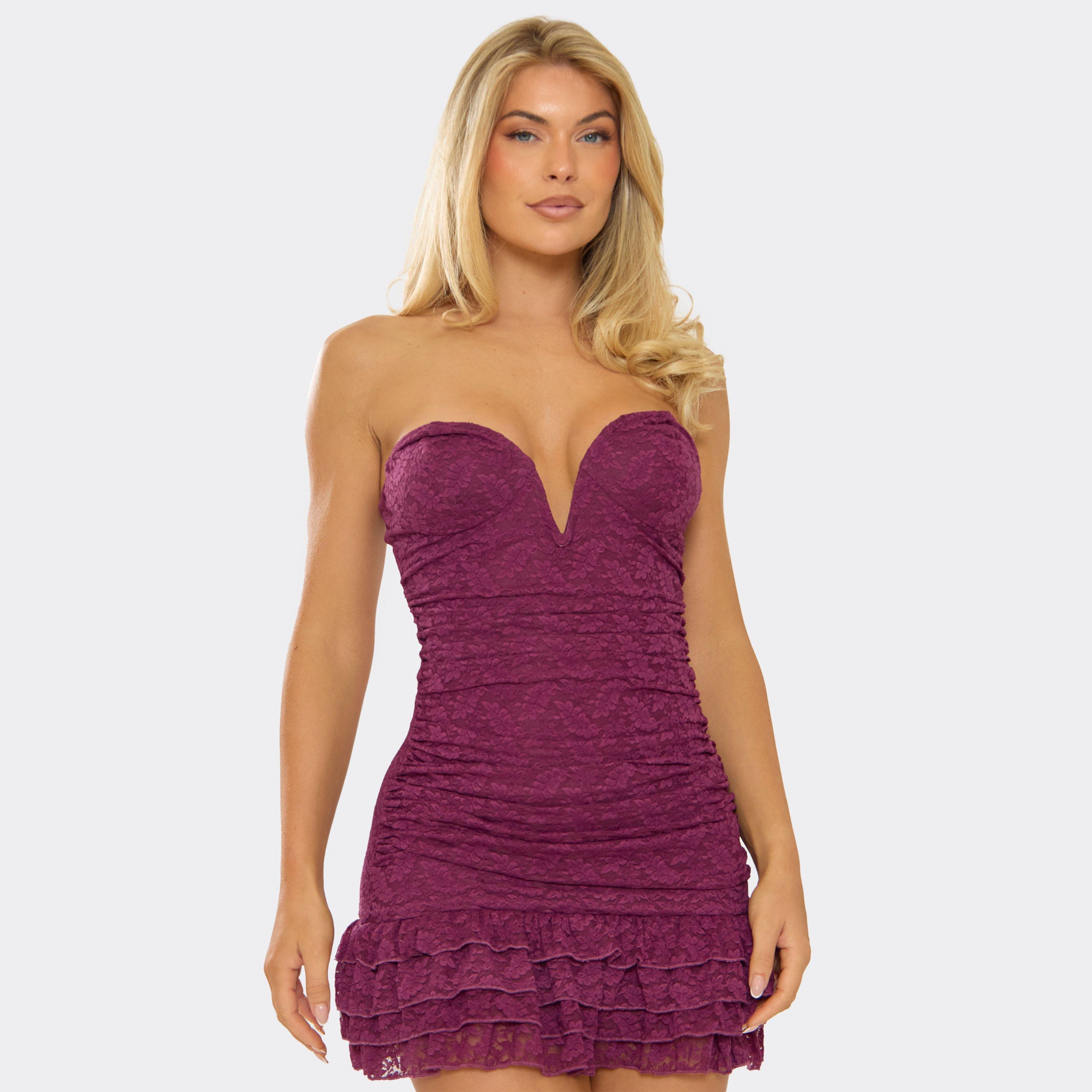 Bardot Plunge Ruffle Detail Mini Dress In Purple Lace, Women’s