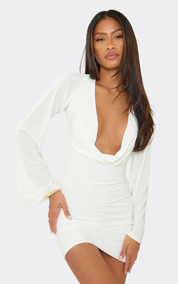 low cut white dress Velvi - Malibu Fringe Mini - This white ruched bodycon mini dress will have heads turning everywhere you go Satin White Cocktail Dress: Short