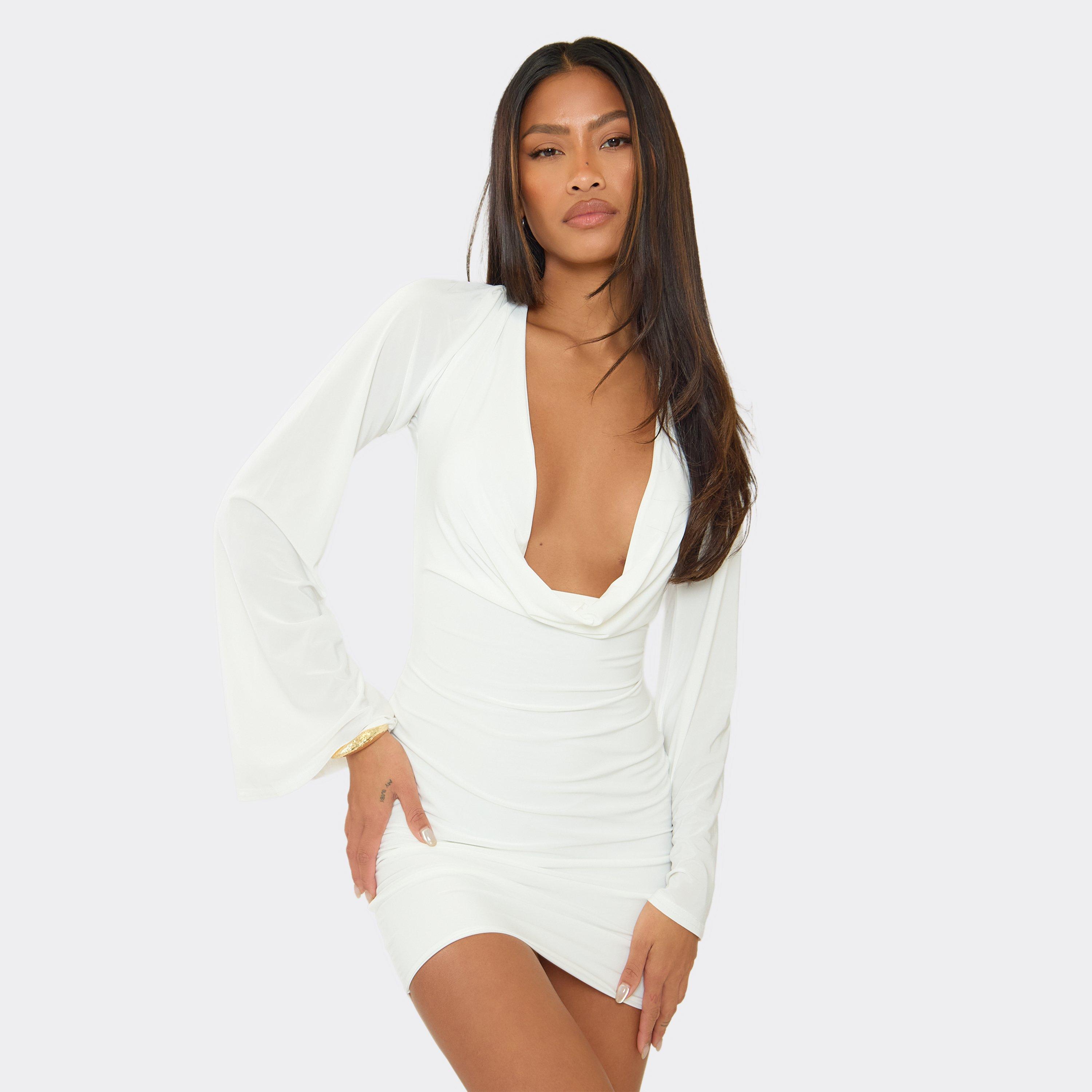 Extreme Cowl Flared Sleeve Mini Dress In White Slinky, Women’s