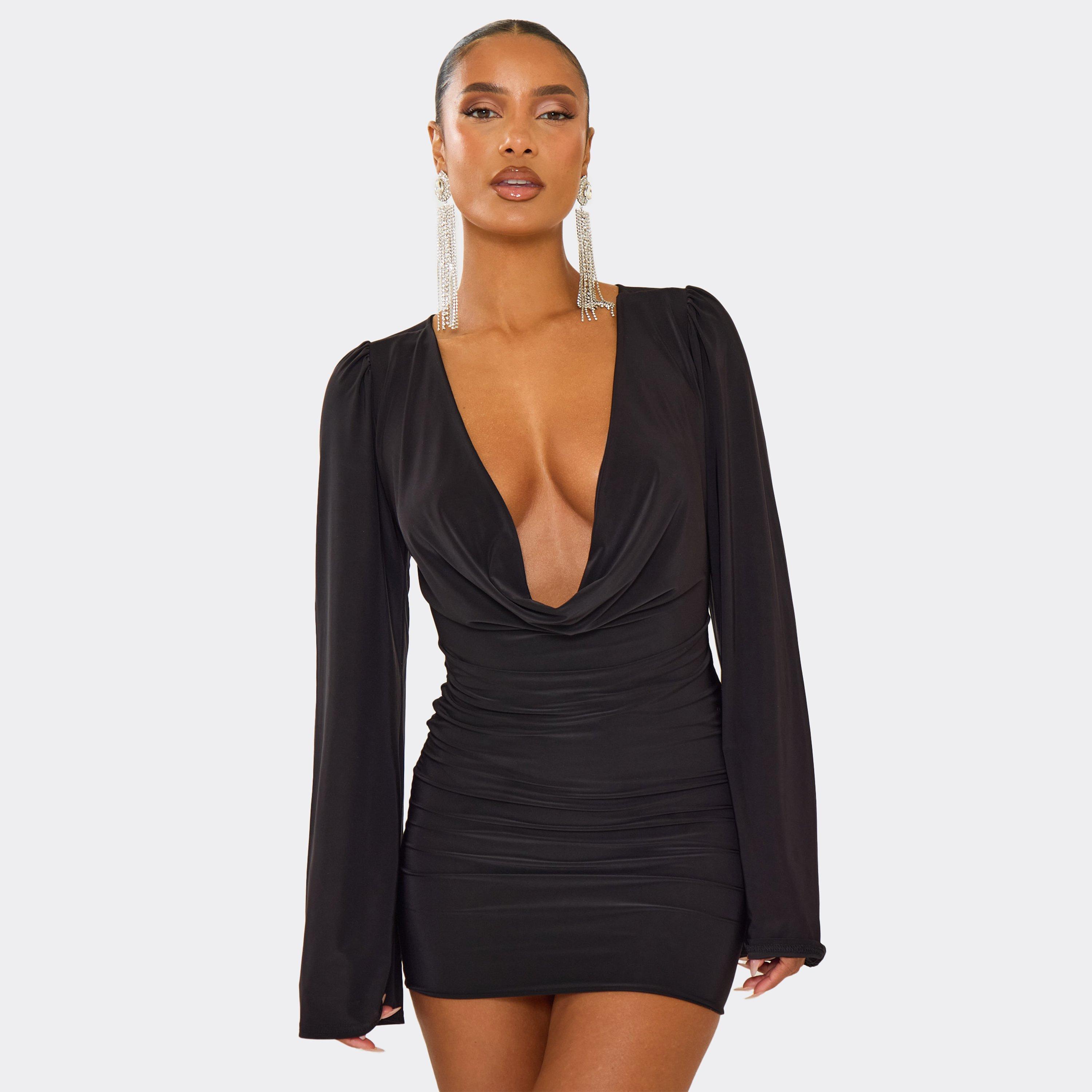 Cowl Plunge Neck Flared Sleeve Slinky Mini Dress In Black, Women's Size UK 6
