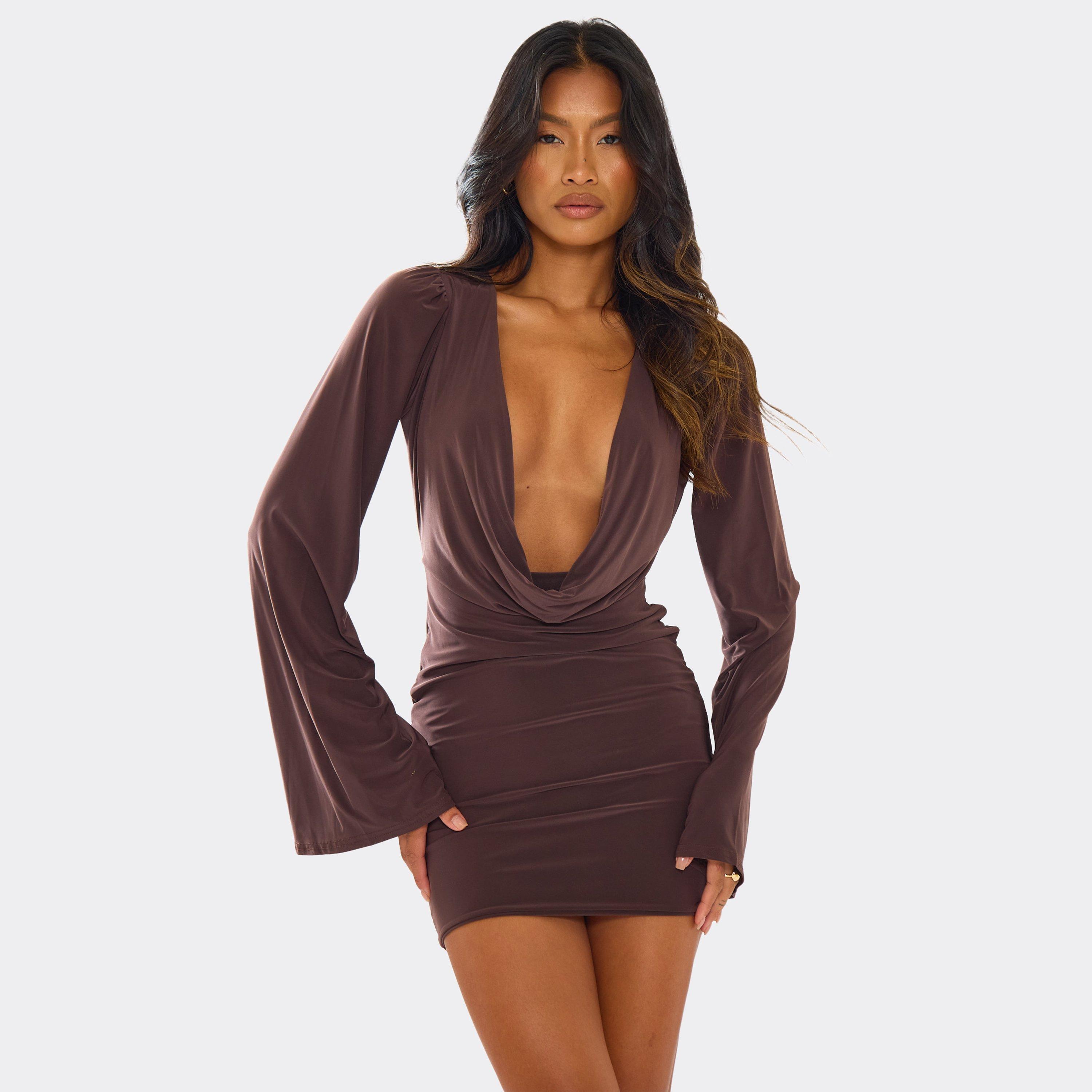 Extreme Cowl Flared Sleeve Mini Dress In Brown Slinky, Women’s
