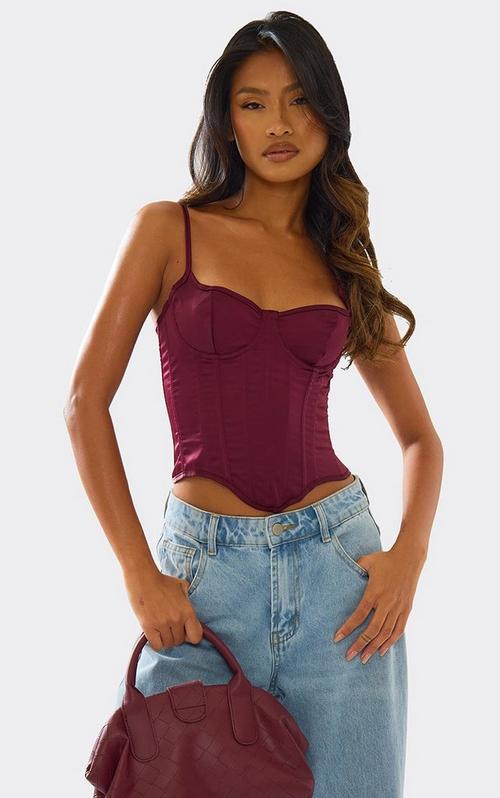 Plunge Halterneck Lace Up Front Corset Top In Red Faux Leather