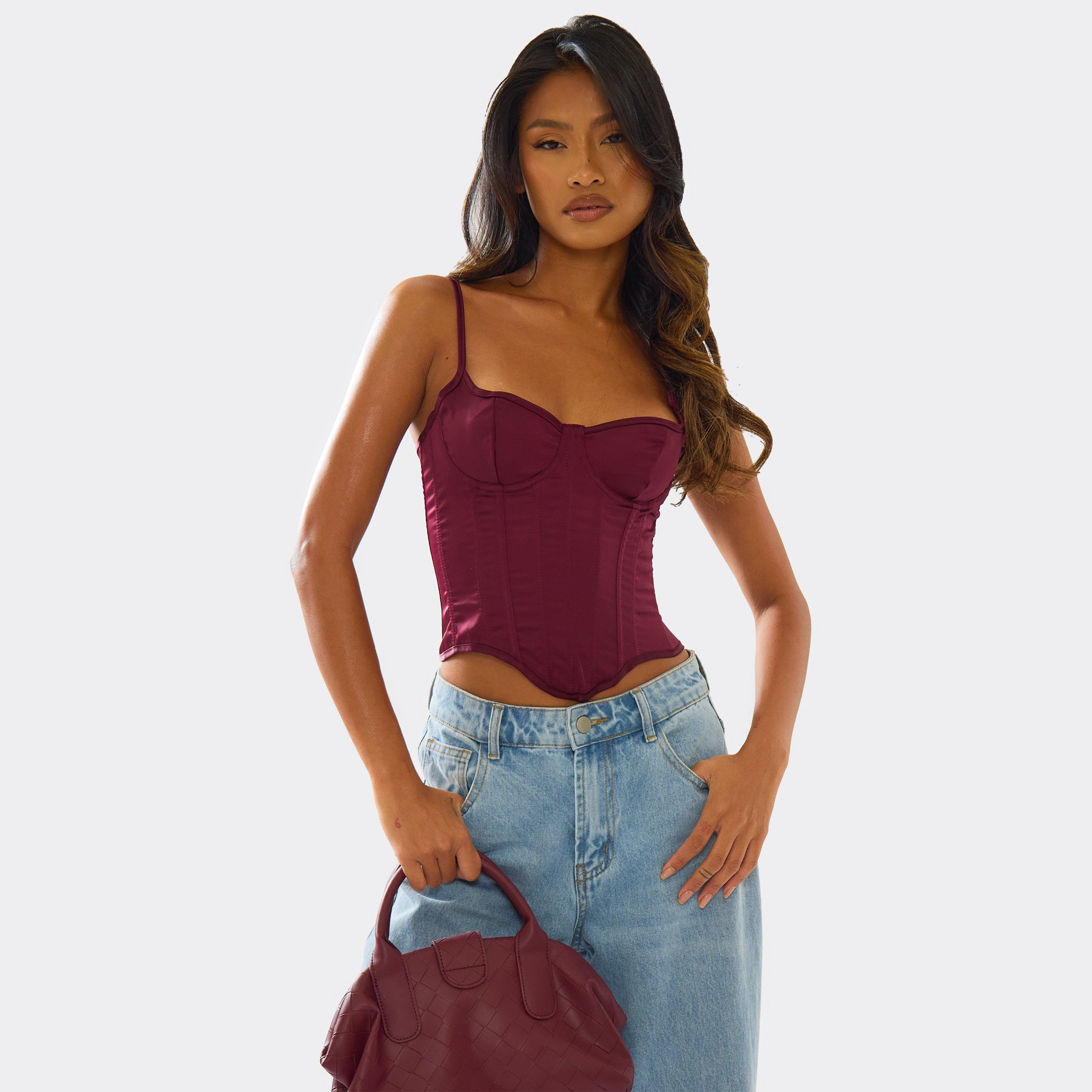 Strappy Tie Lace Back Corset Top In Plum Satin, Women's Size UK 4