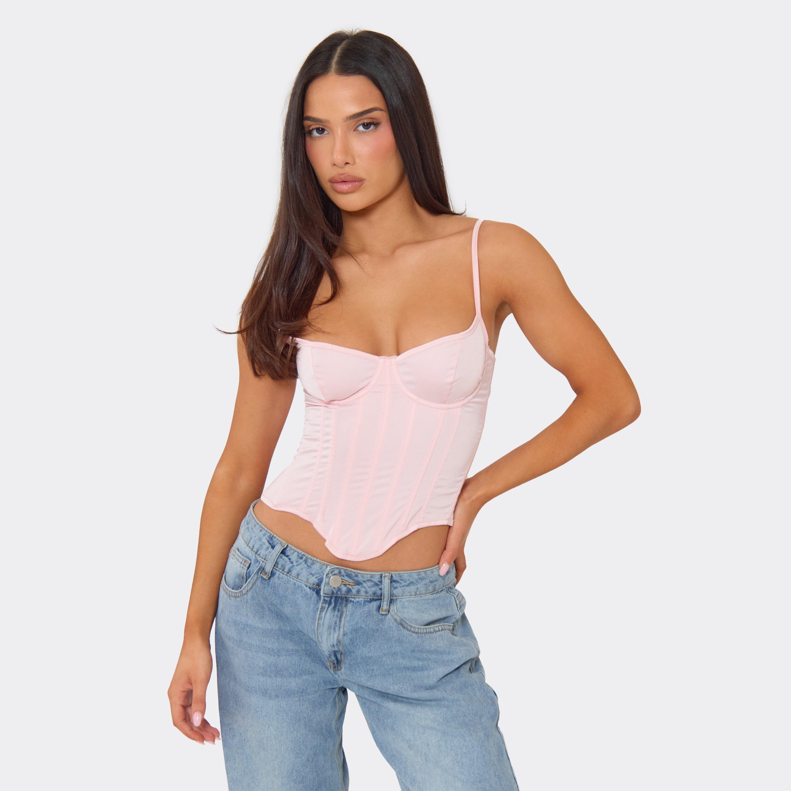 Strappy Tie Lace Back Corset Top In Pink Satin, Women’s