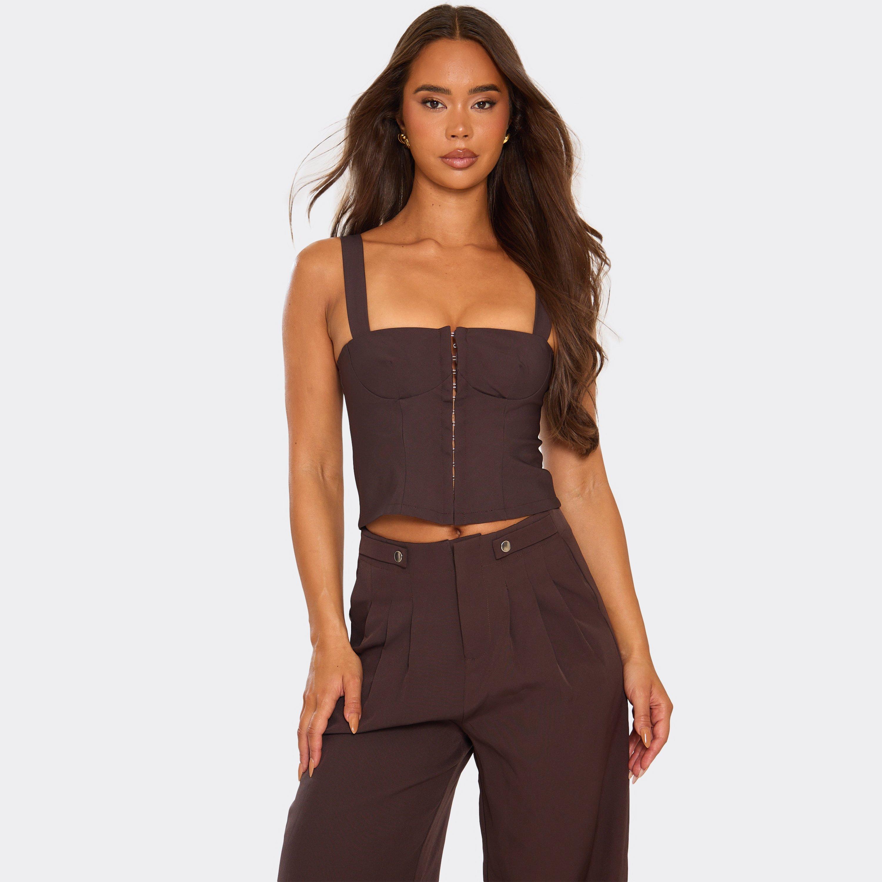 Square Neck Hook And Eye Corset Top In Chocolate Brown, Women’s