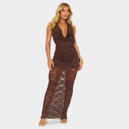 Halterneck Cowl Ruched Front Detail Maxi Dress In Chocolate Brown Lace, Women's Size US