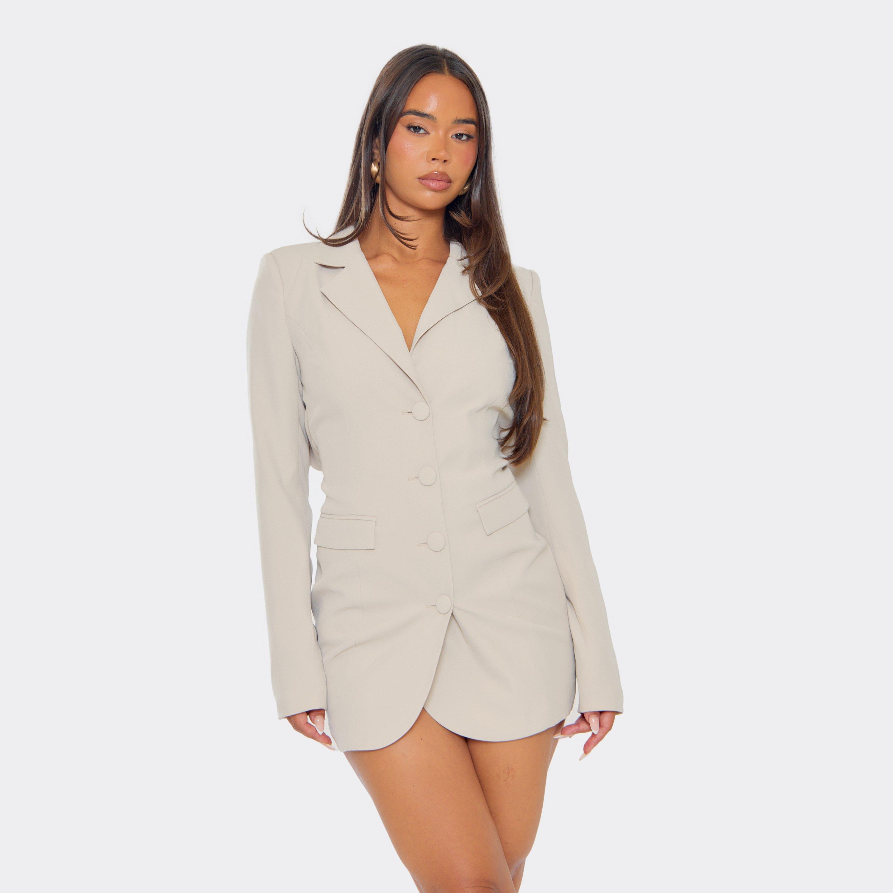 Long Sleeve Collar Button Front Detail Blazer Dress In Stone, Women’s