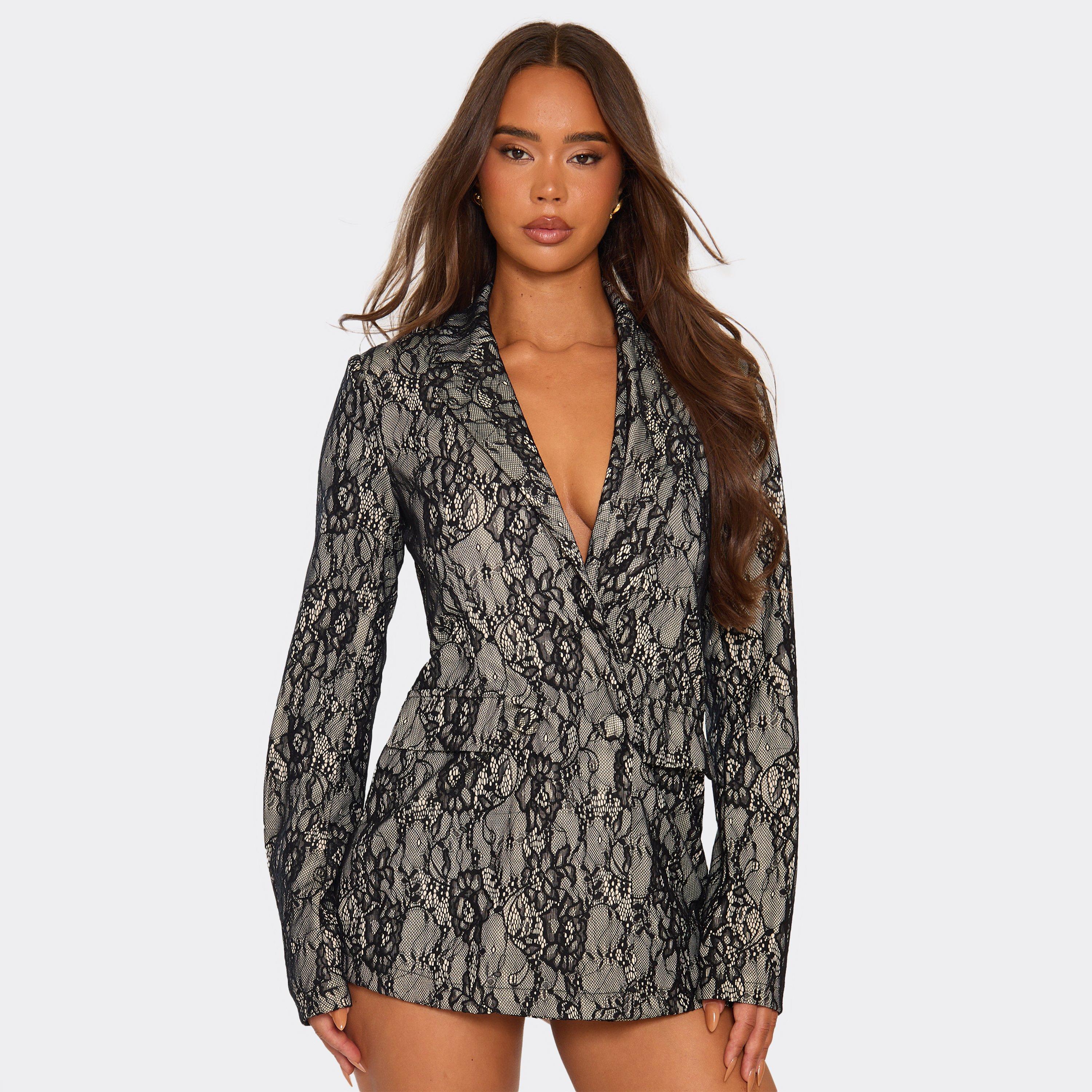 Image of Long Sleeve Collar Button Front Detail Blazer Playsuit In Black Contrast Lace, Women's