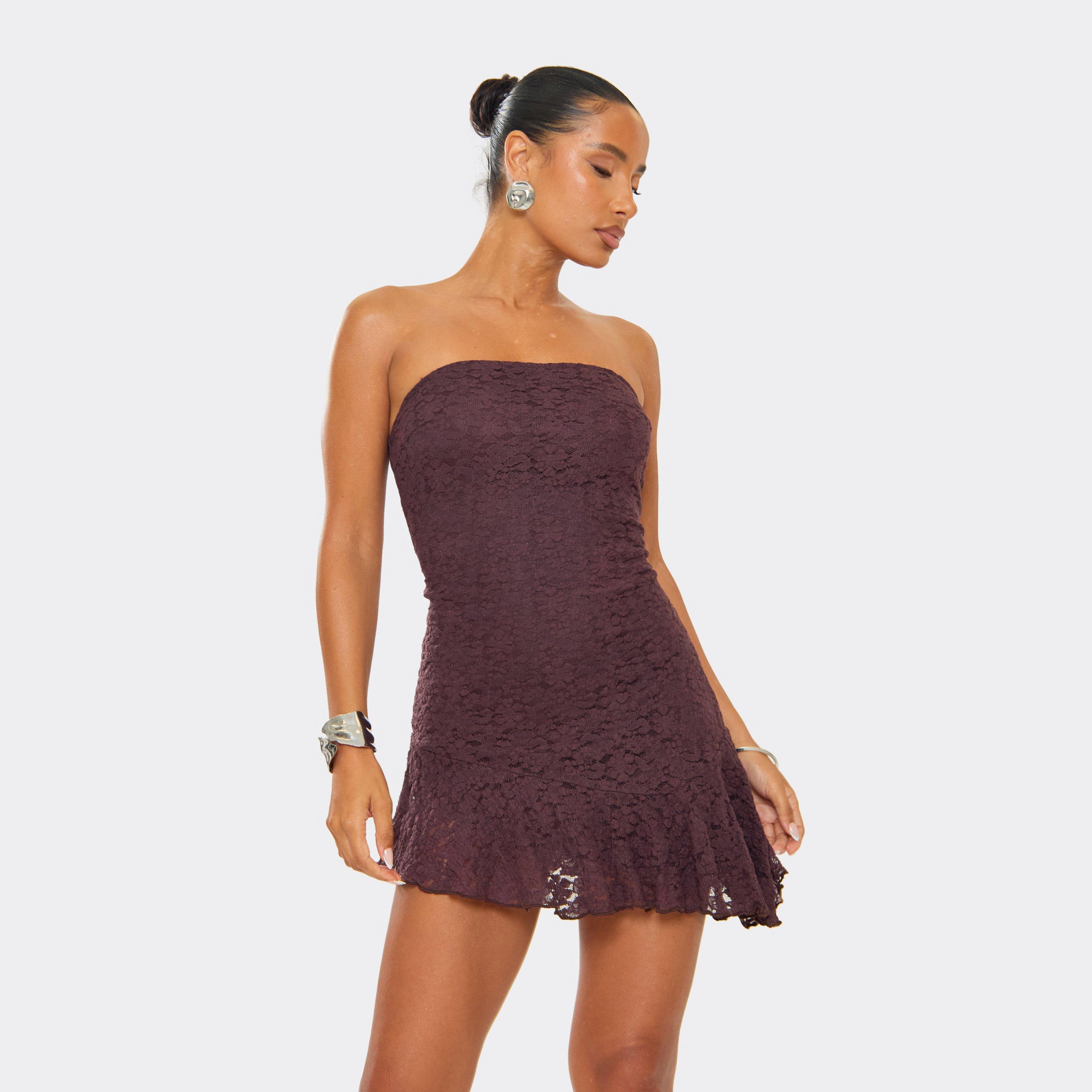 Bandeau Asymmetric Frill Hem Detail Mini Dress In Chocolate Brown Lace, Women’s