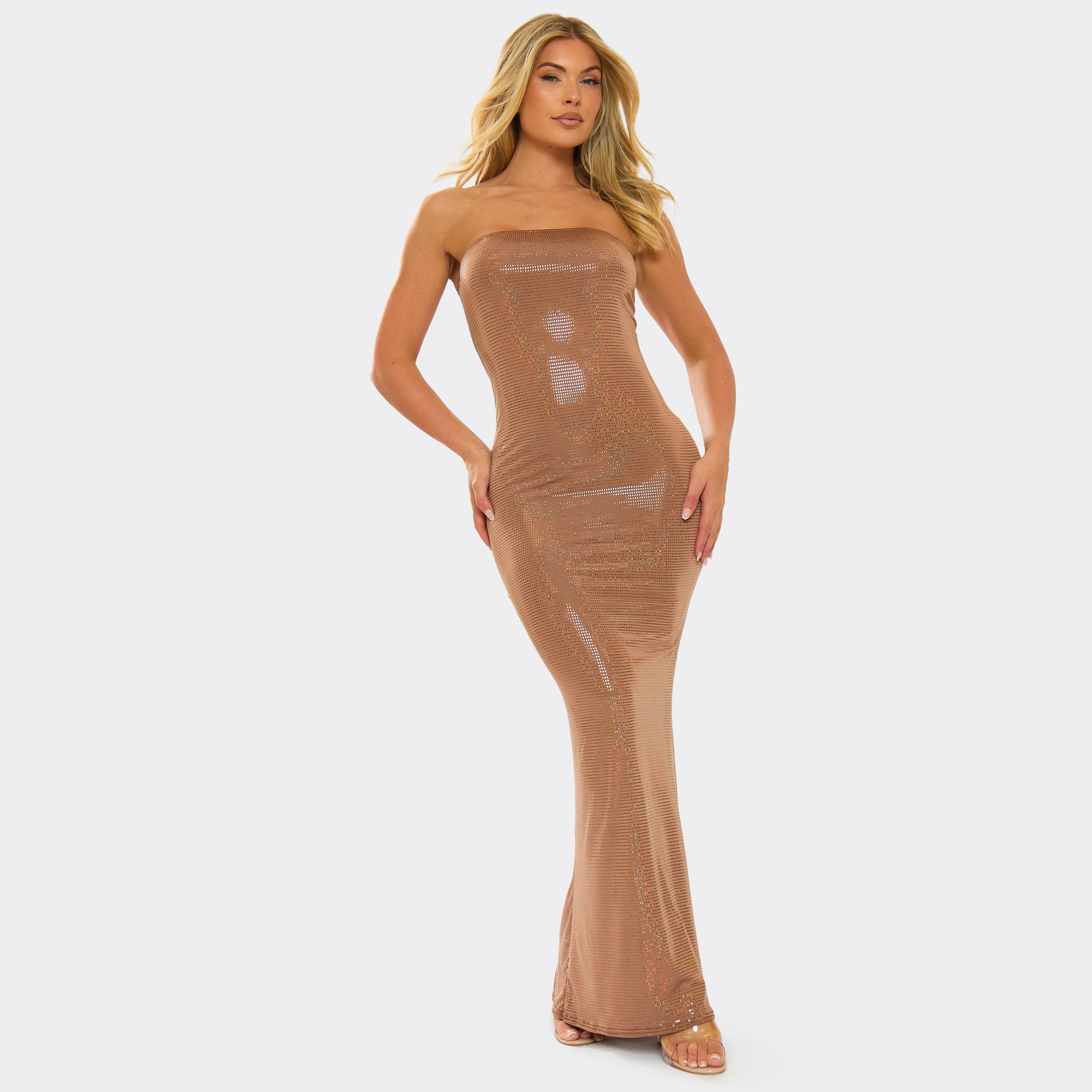 Bandeau Fitted Maxi Dress In Brown Metallic Glitter, Women's Size UK 12