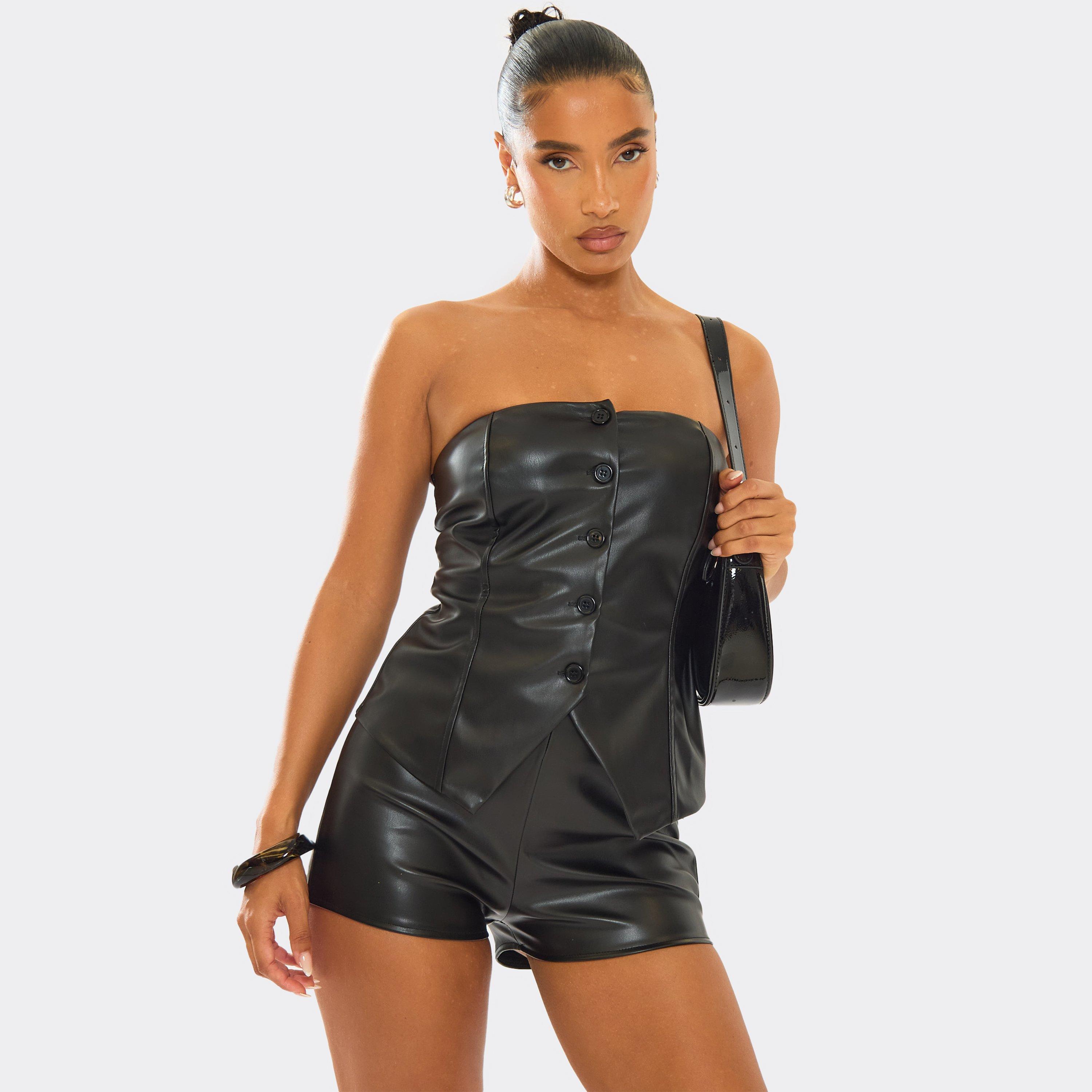 Bandeau Button Up Front Fitted Top In Black Faux Leather, Women's Size UK 6