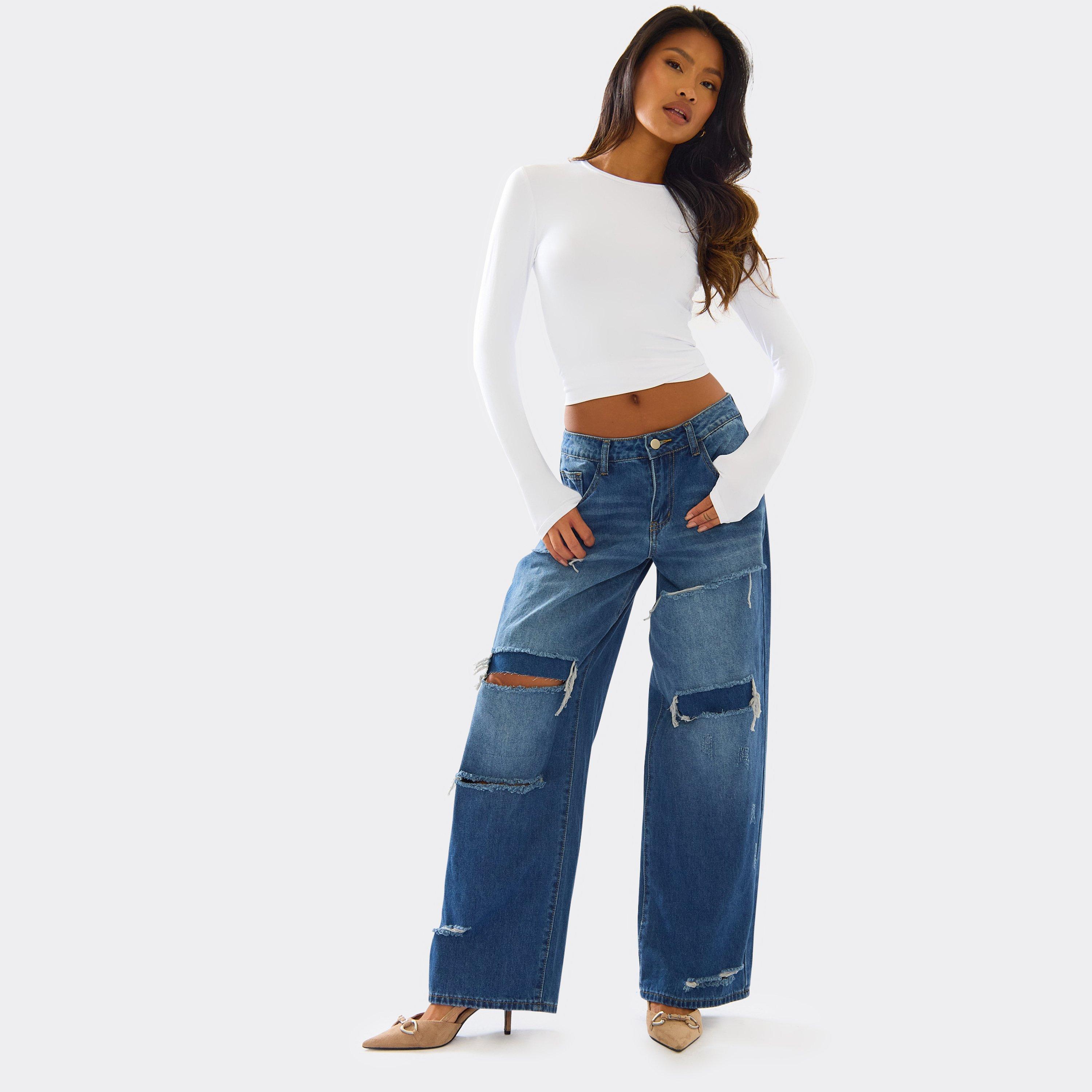 Mid Rise Ripped Detail Wide Leg Jeans In Mid Blue Denim, Women's Size UK 6