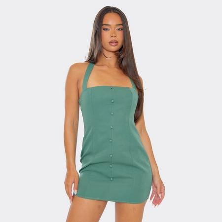 Halterneck Button Front Detail Mini Dress In Khaki Green Woven, Women's Size US