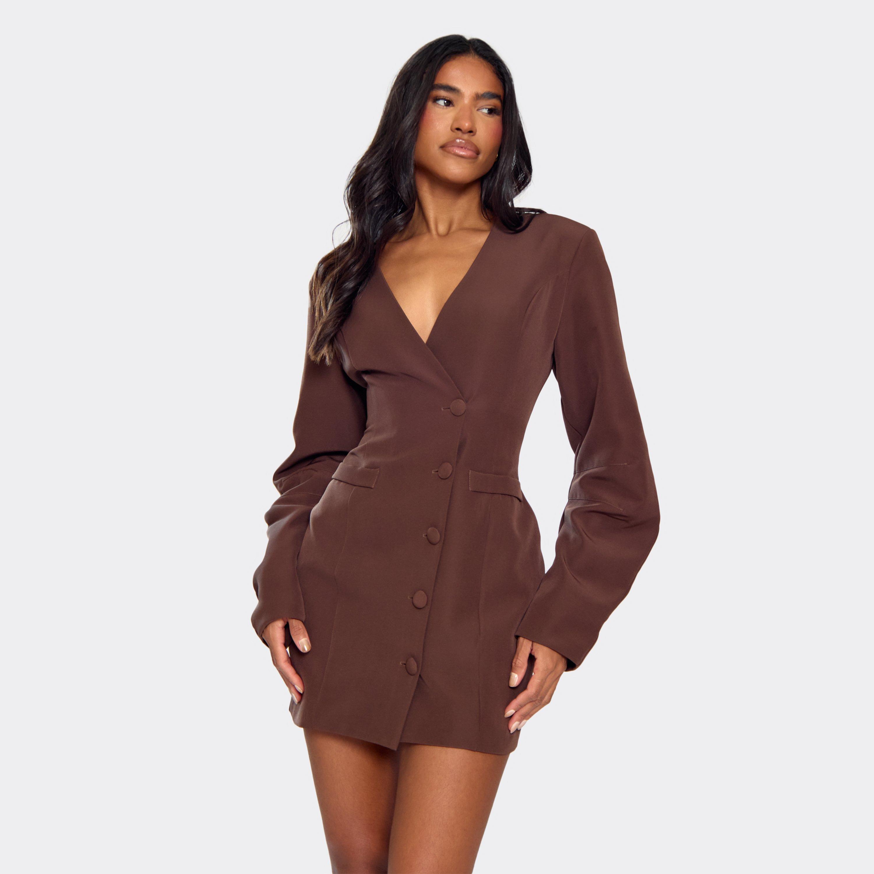 Cocoon Sleeve Plunge Button Front Detail Blazer Dress In Chocolate Brown, Women's Size UK 8