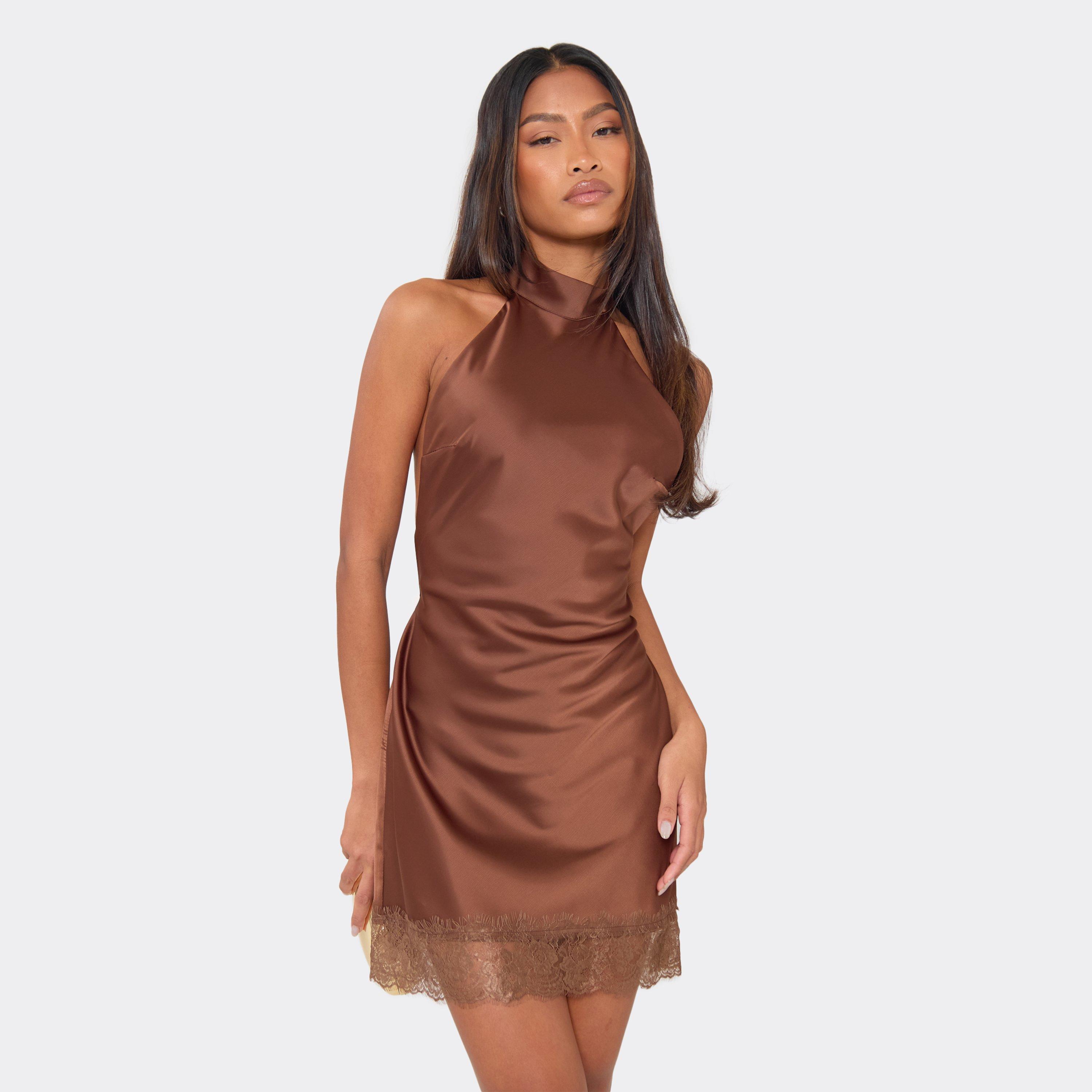 Hight Neck Low Back Lace Trim Detail Mini Dress In Brown Satin, Women's Size UK 12