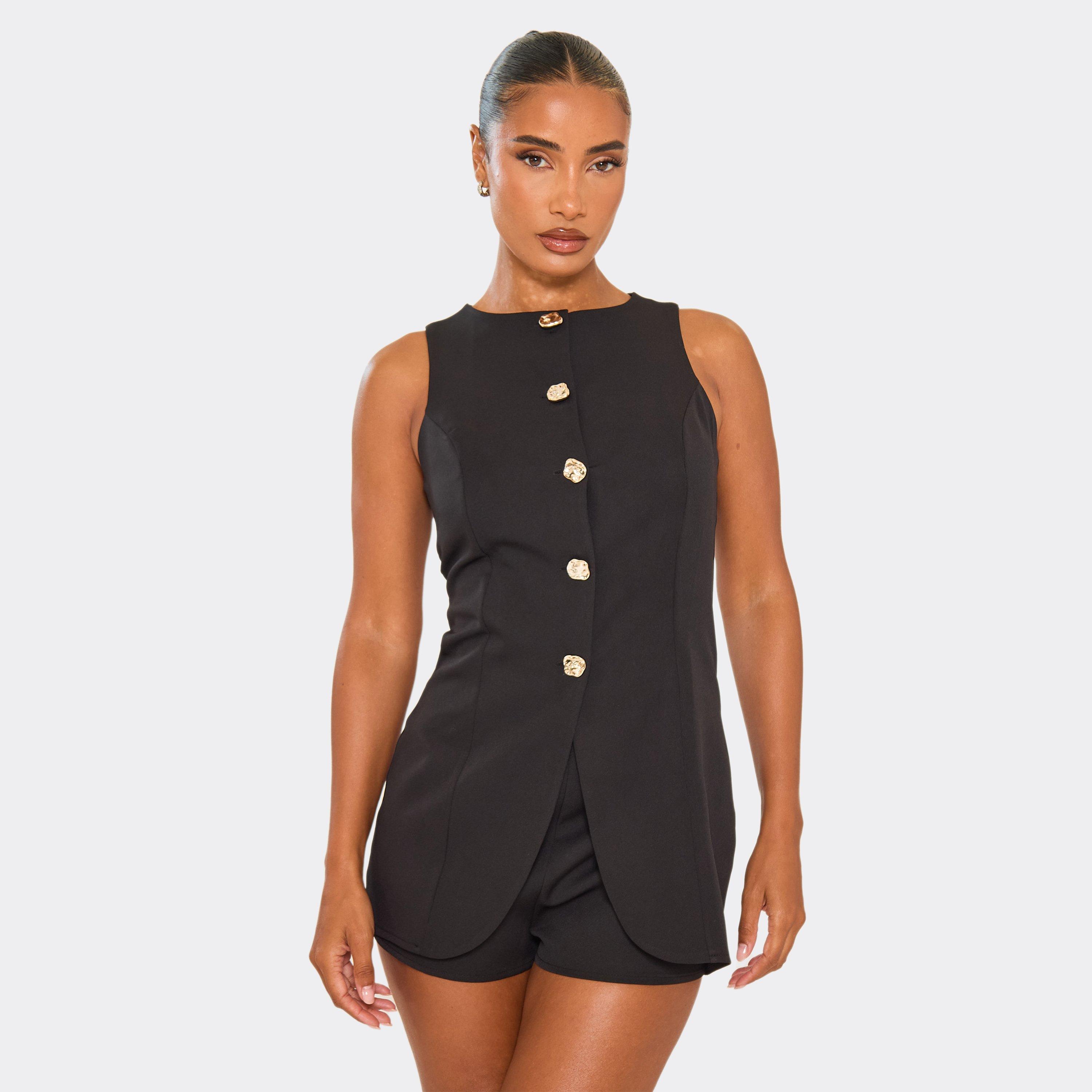 Racer Neck Abstract Button Front Playsuit In Black, Women’s