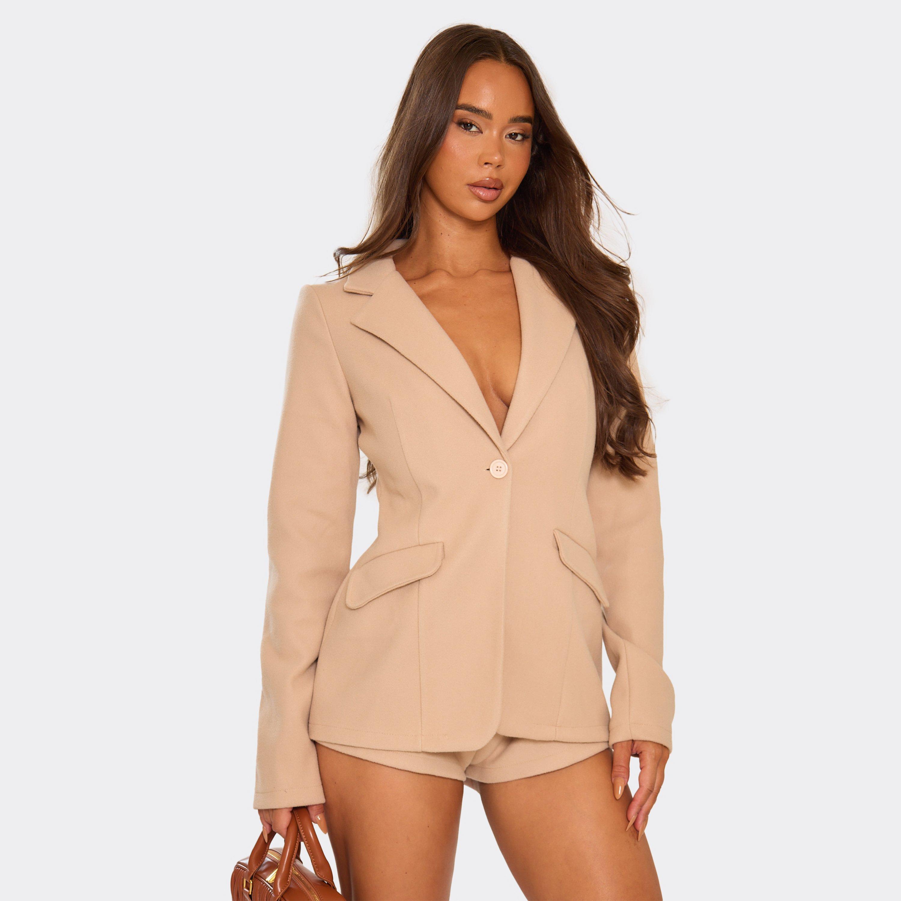 Image of Long Sleeve Plunge Neck Blazer Playsuit In Stone, Women's