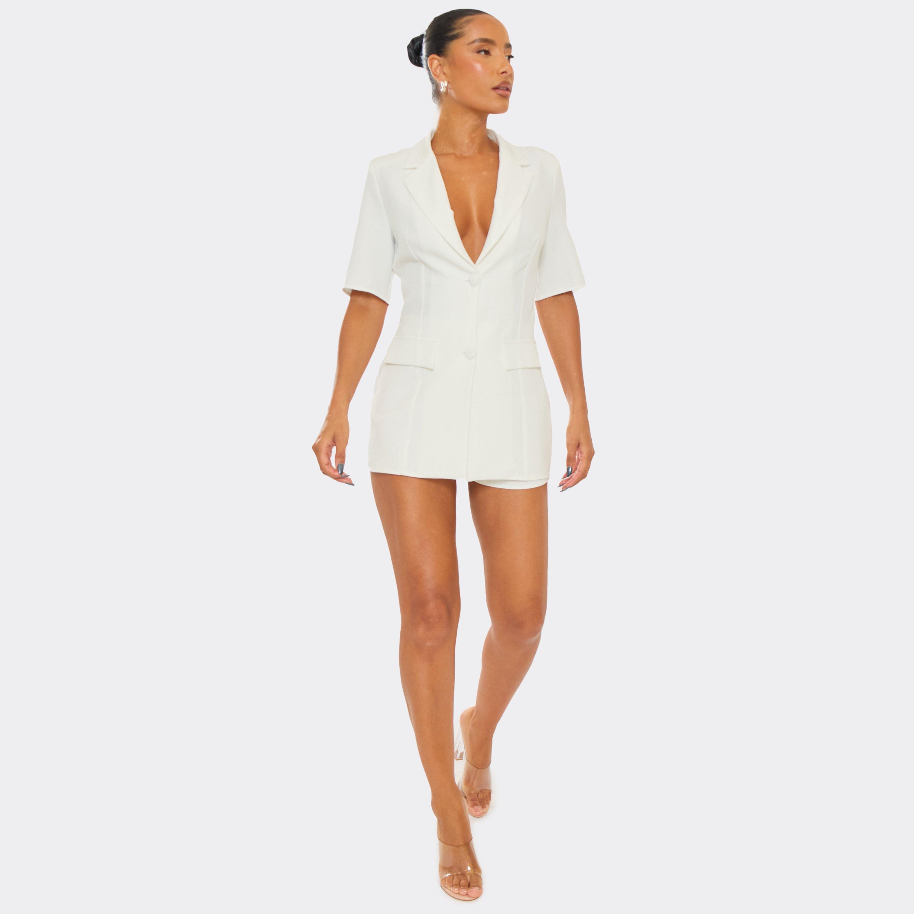 Image of Plunge Neck Short Sleeve Tailored Playsuit In Cream, Women's