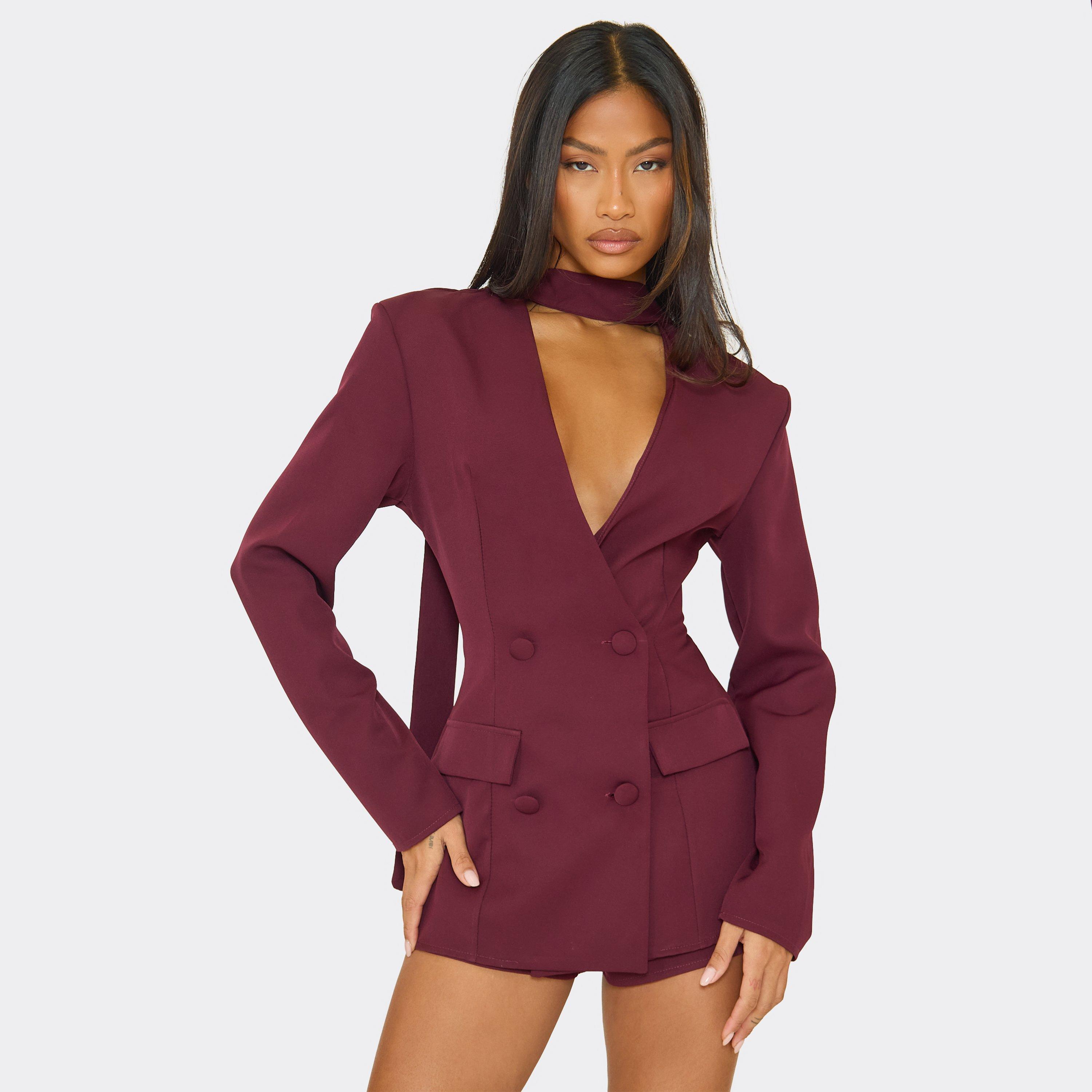 Tie Neck Plunge Blazer Detail Playsuit In Burgundy, Women's Size UK 8