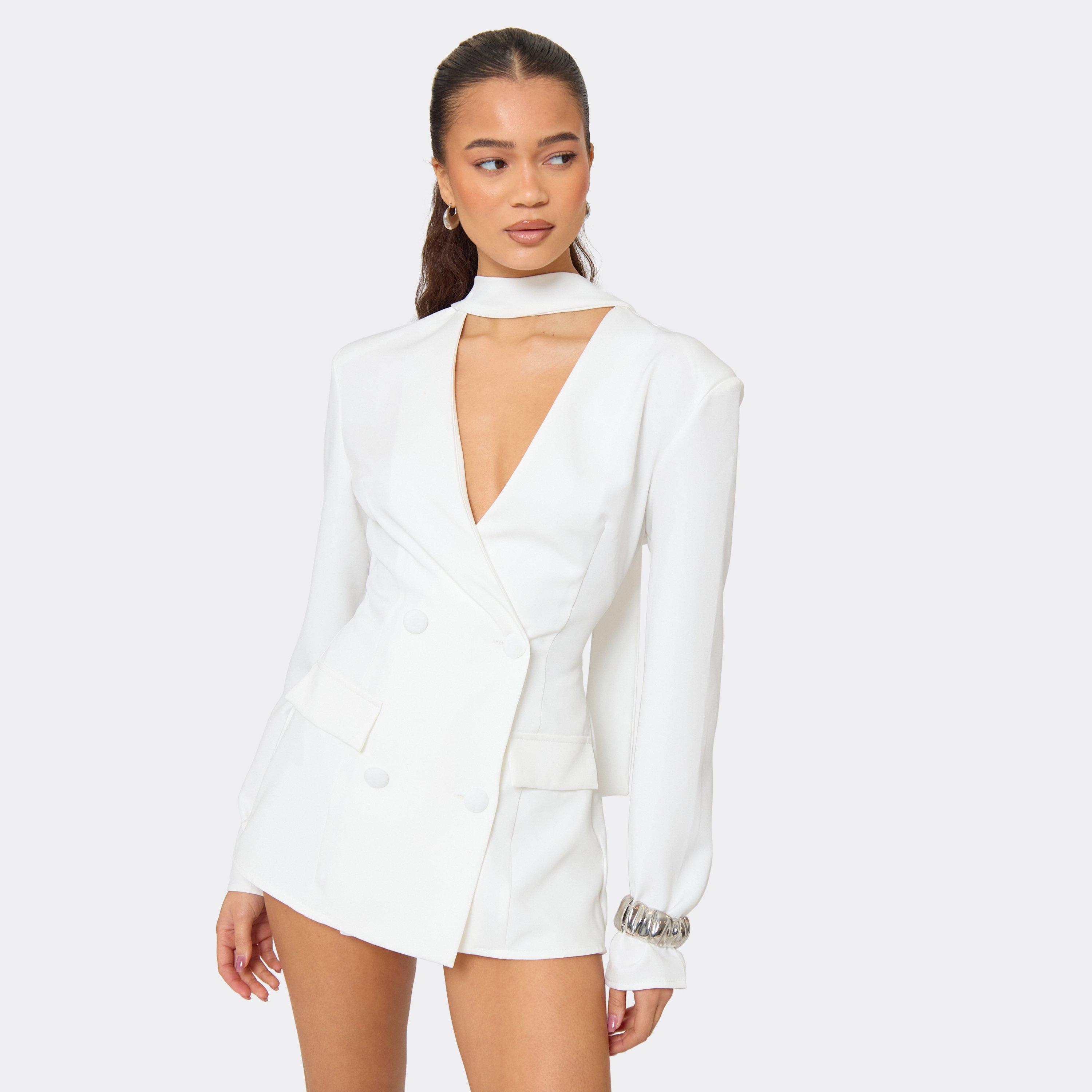 Image of Tie Neck Plunge Blazer Detail Playsuit In Cream, Women's