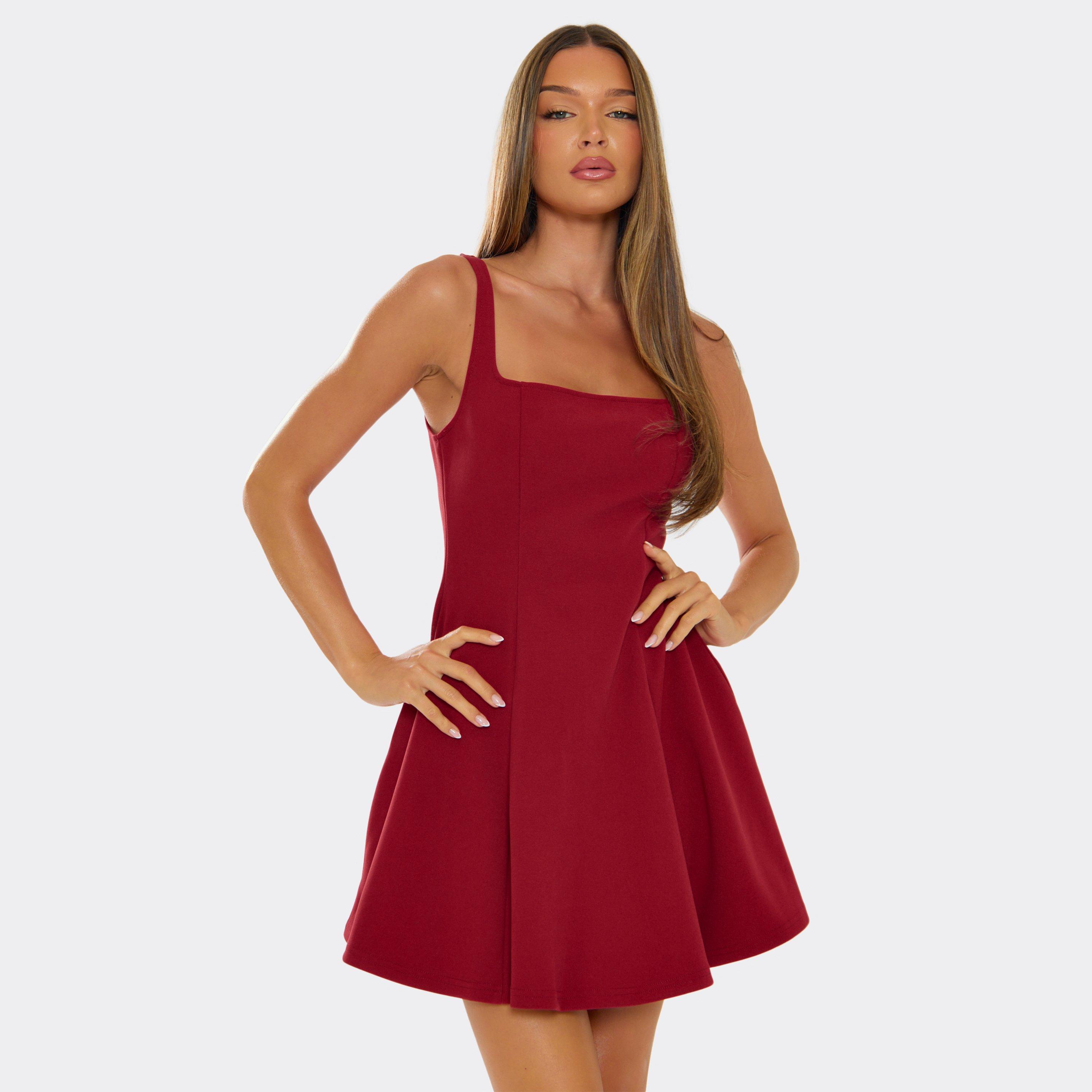 Square Neck Pleated Hem Detail Mini Dress In Burgundy, Women’s