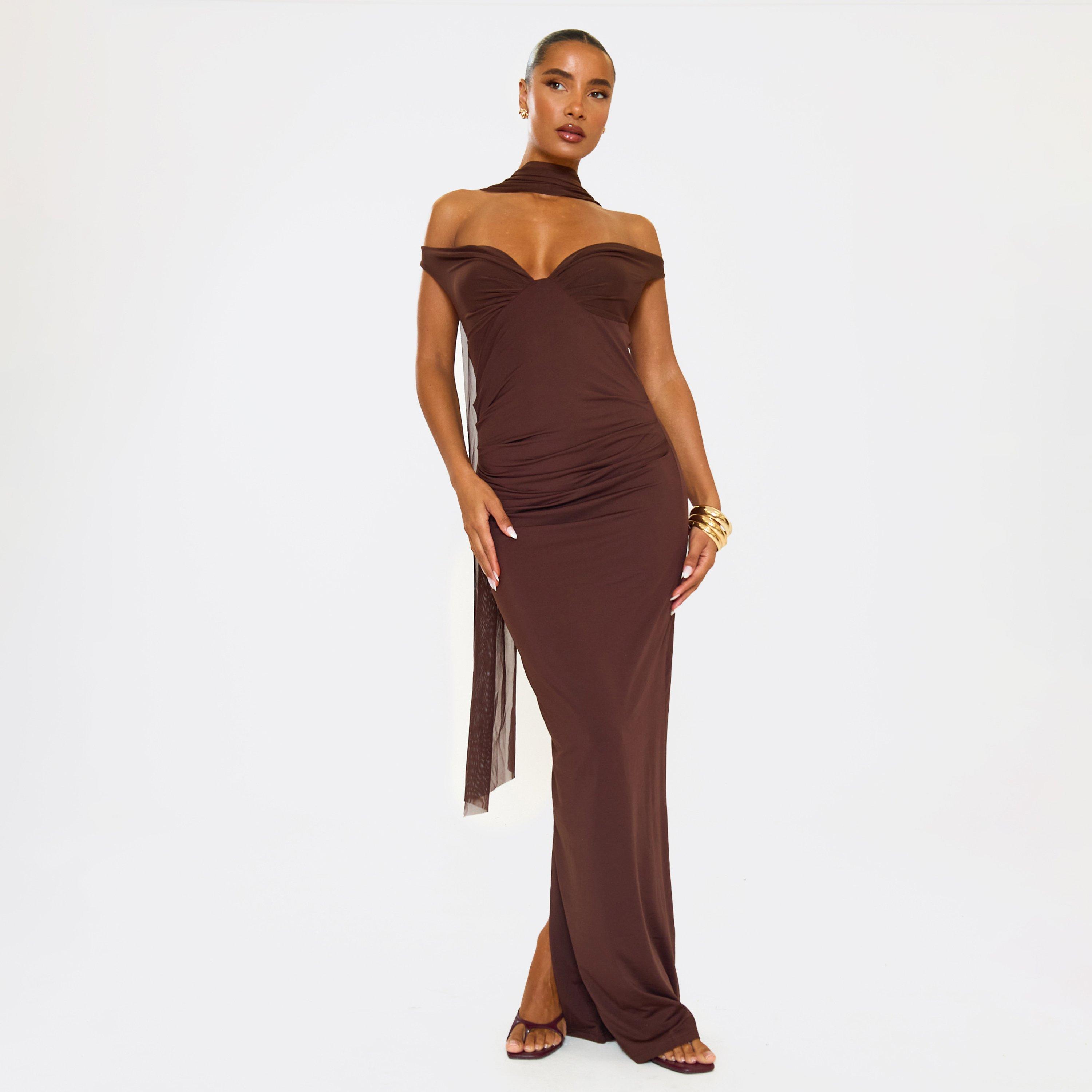 Bardot Mesh Scarf Detail Maxi Dress In Brown, Women's Size UK M