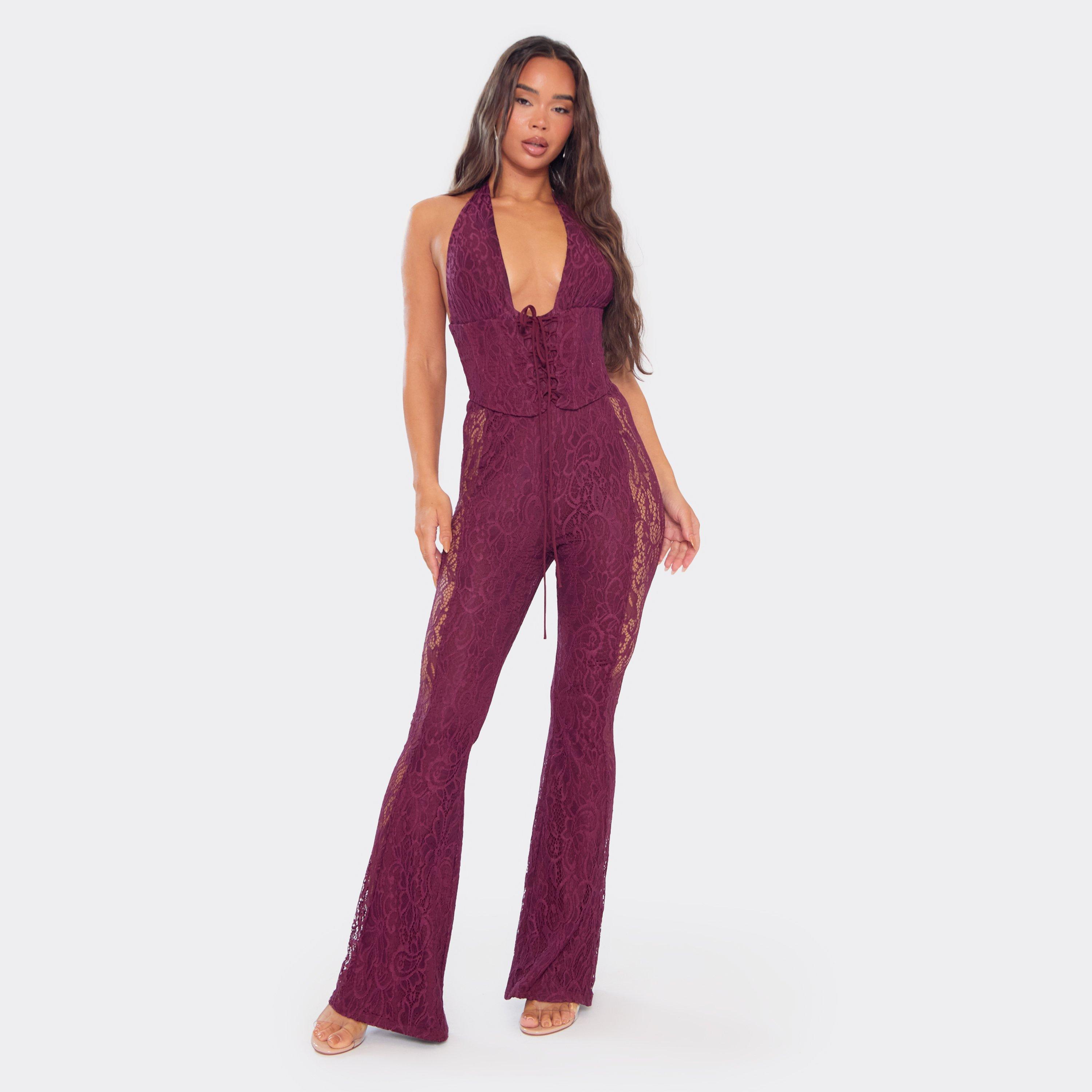 Plunge Neck Lace Up Corset Detail Jumpsuit In Burgundy, Women's Size UK 14