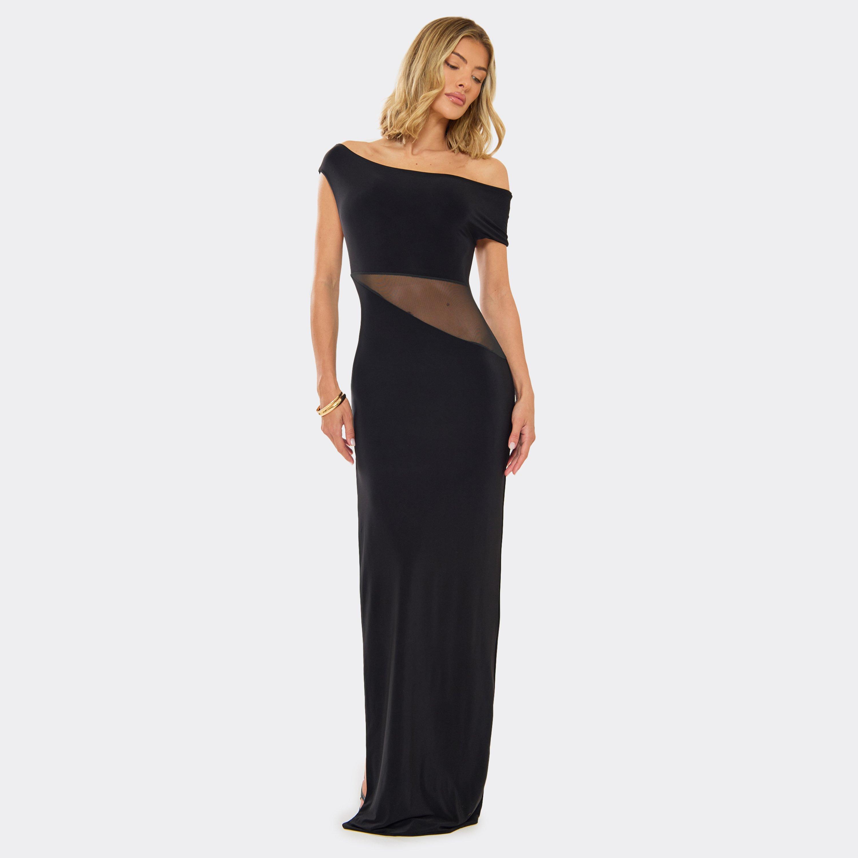 Asymmetric Shoulder Mesh Cut Out Detail Maxi Dress In Black Slinky, Women’s