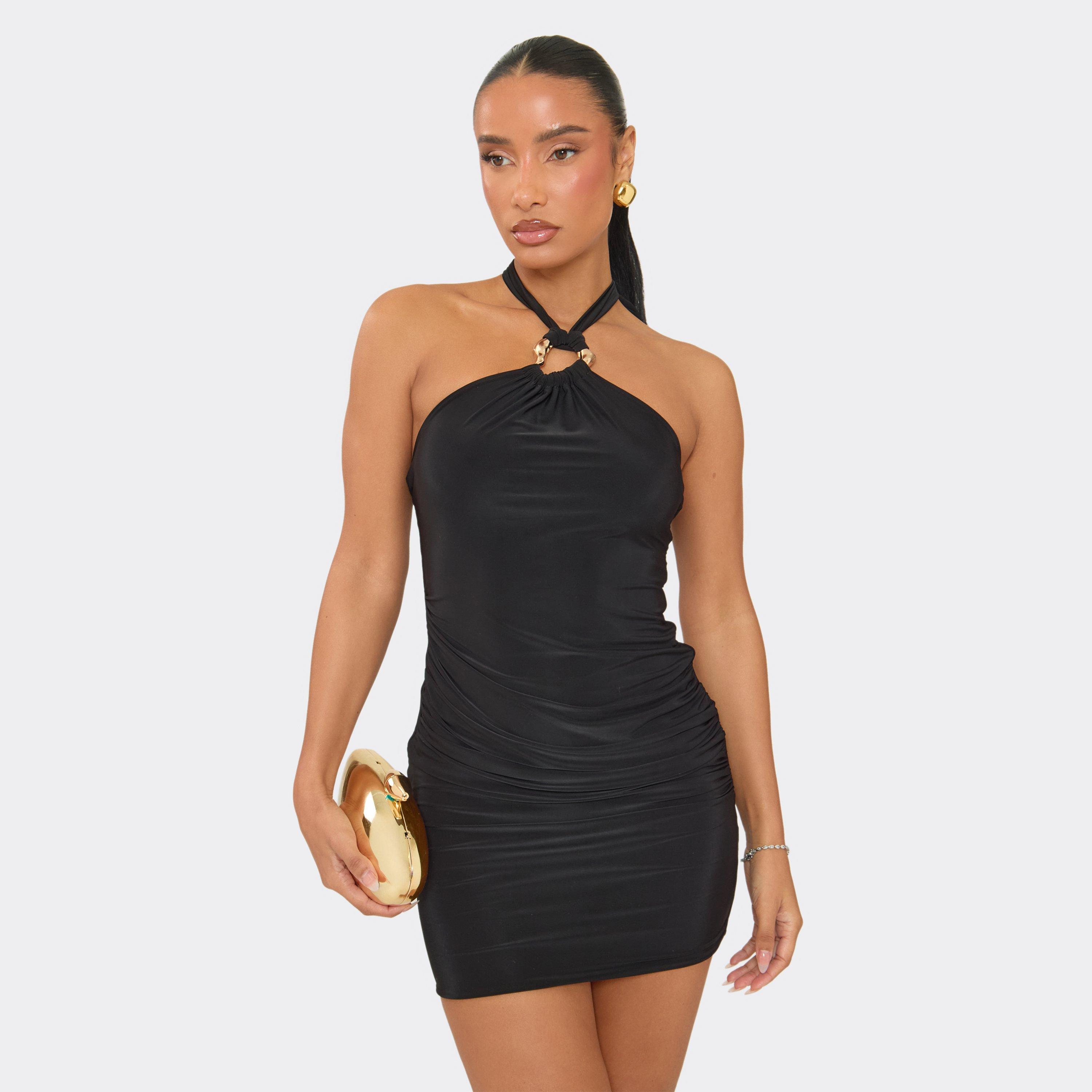 Halter Neck O-Ring Drape Detail Mini Dress In Black, Women’s