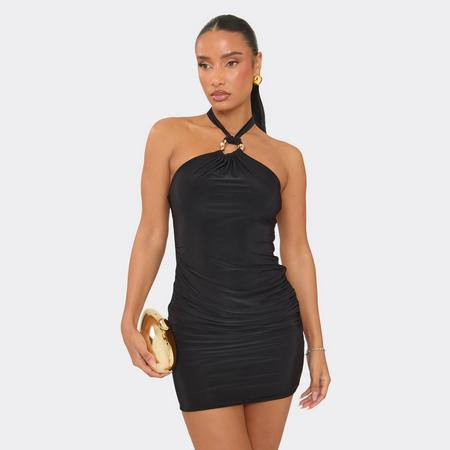 Halter Neck O-Ring Drape Detail Mini Dress In Black, Women's Size US