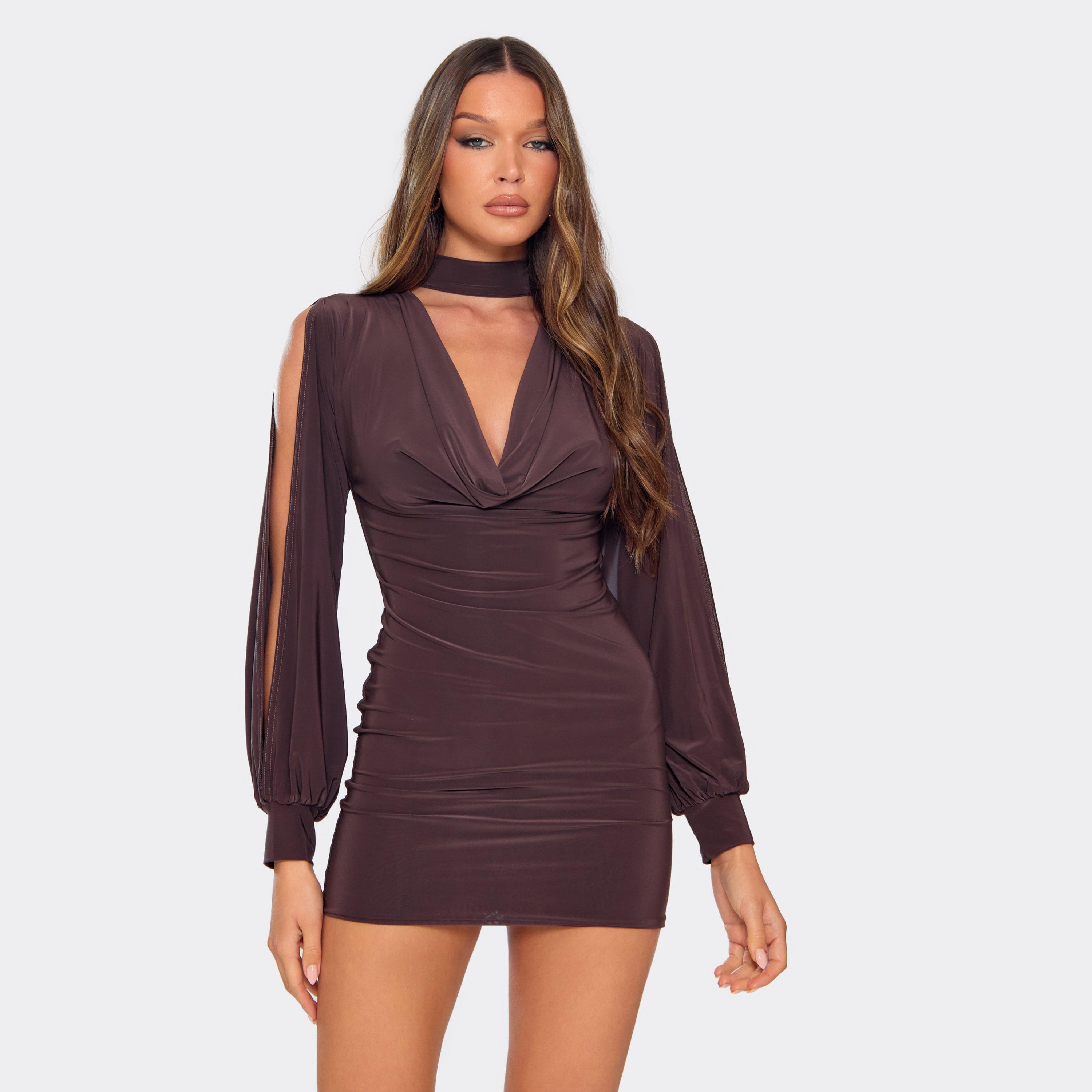 Choker Neck Long Sleeve Open Arm Detail Mini Dress In Chocolate Brown, Women’s