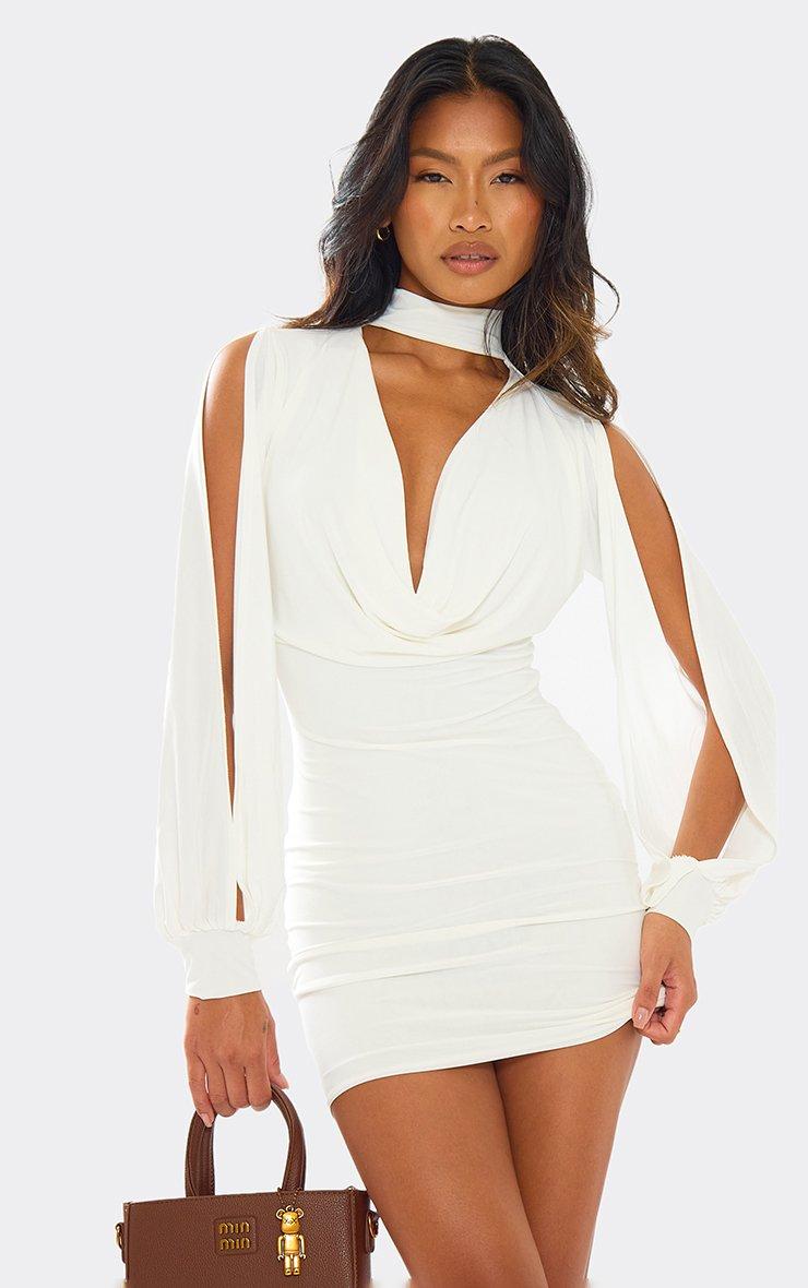 Choker Neck Long Sleeve Open Arm Detail Mini Dress In White