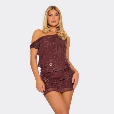 Off The Shoulder Embellished Detail Mini Dress In Chocolate Brown, Women's Size US