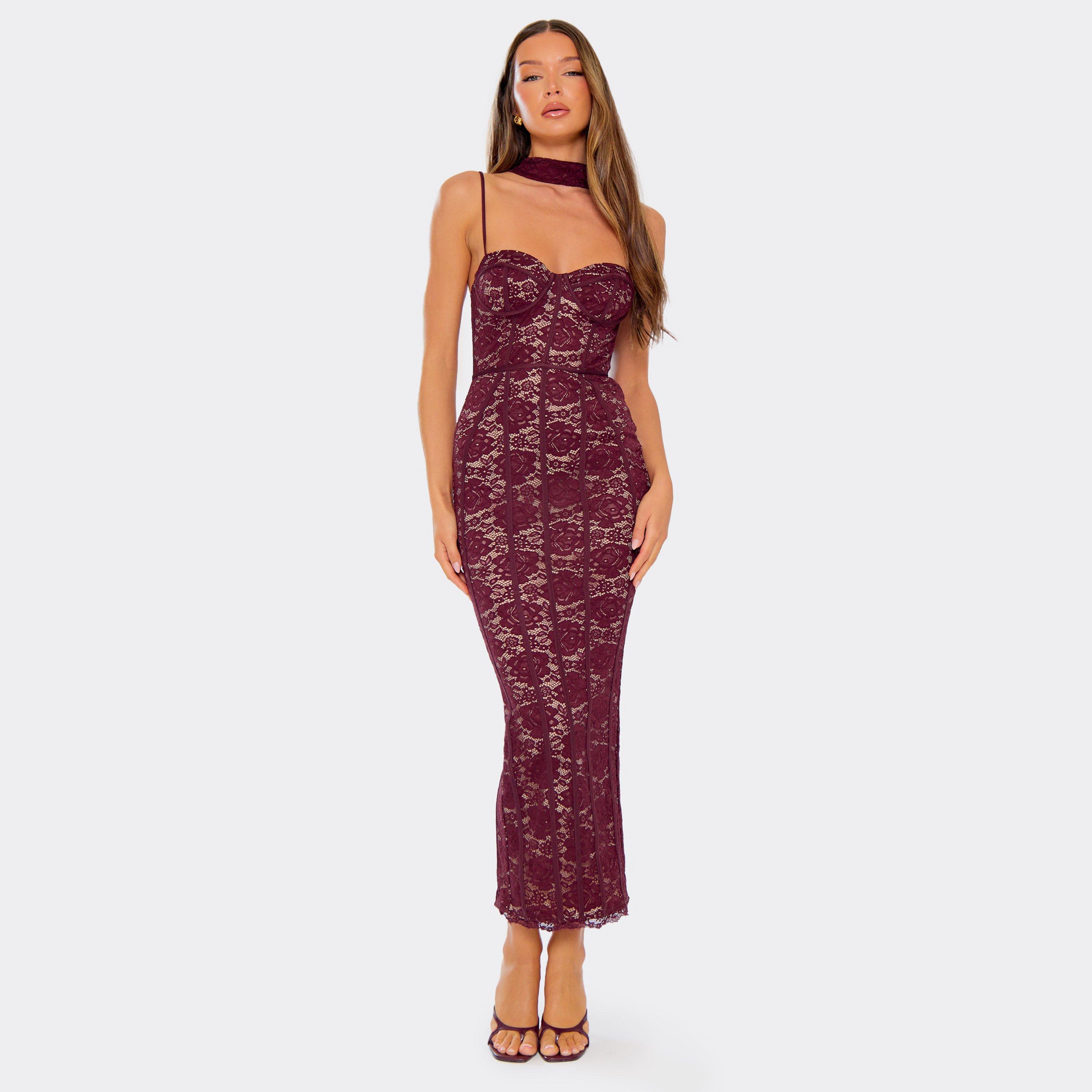 Strappy Scarf Neck Detail Midi Dress In Burgundy Lace, Women’s
