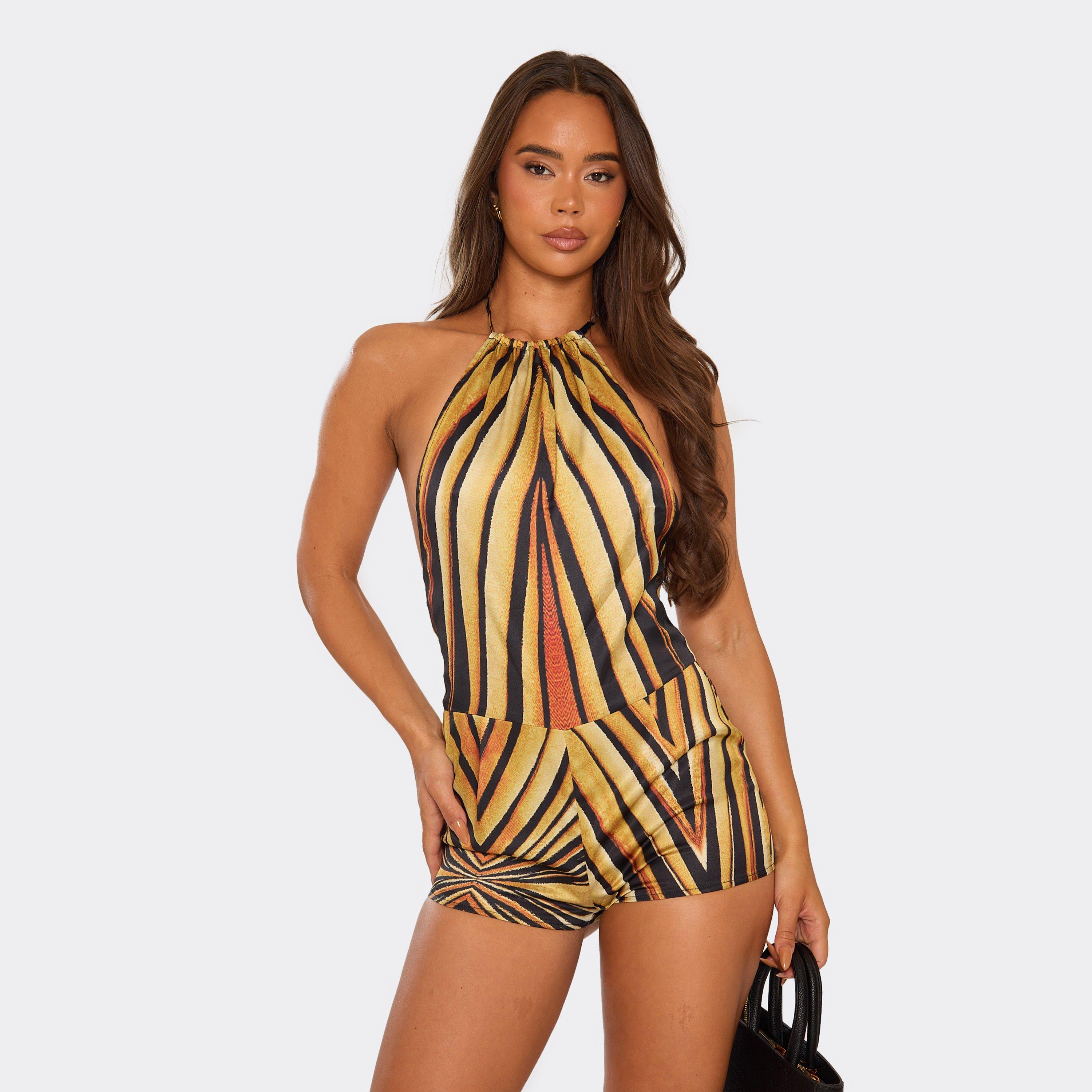 Image of Halterneck Open Back Detail Micro Playsuit In Yellow Multi Printed, Women's