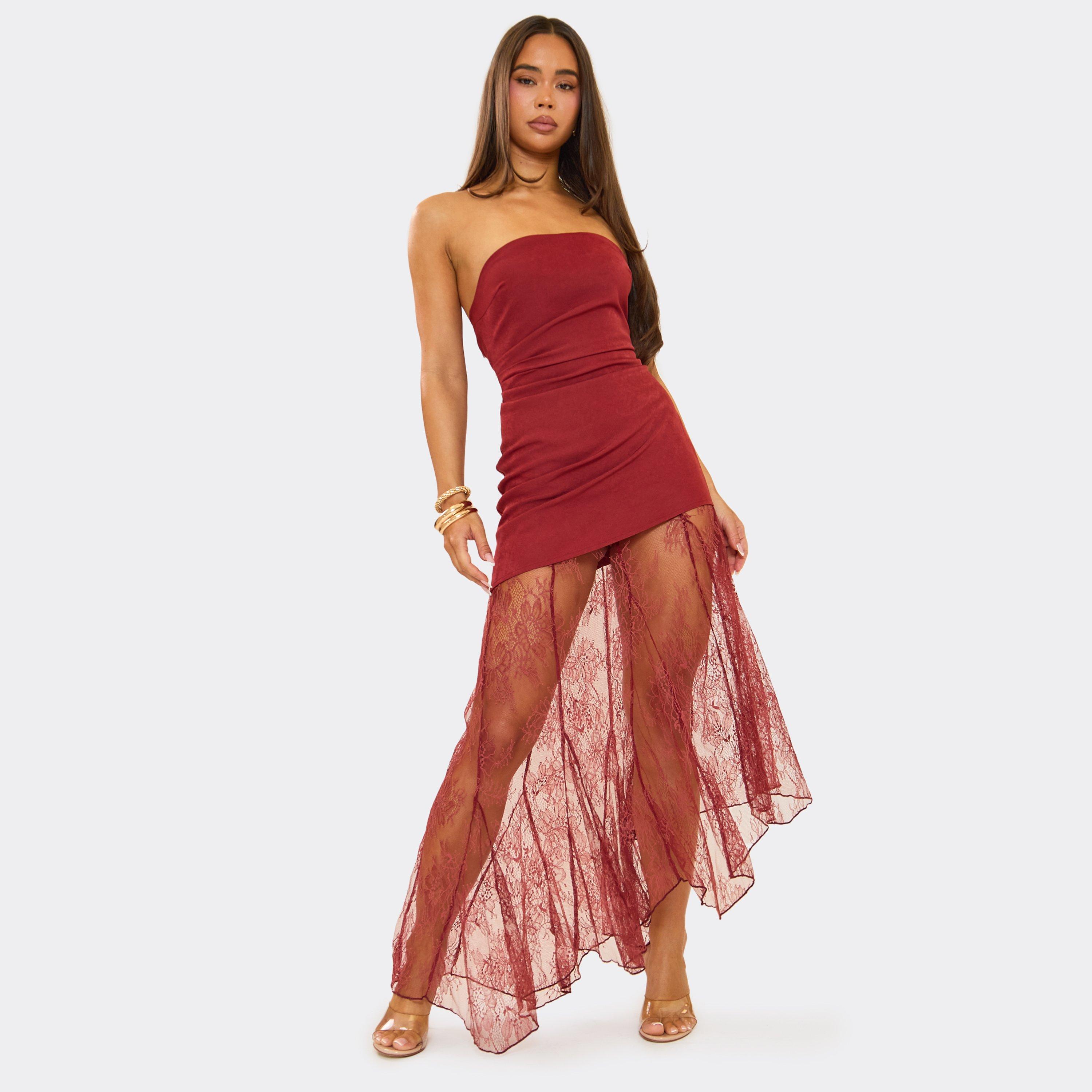 Bandeau Asymmetric Contrast Lace Skirt Detail Midi Dress In Rust, Women’s