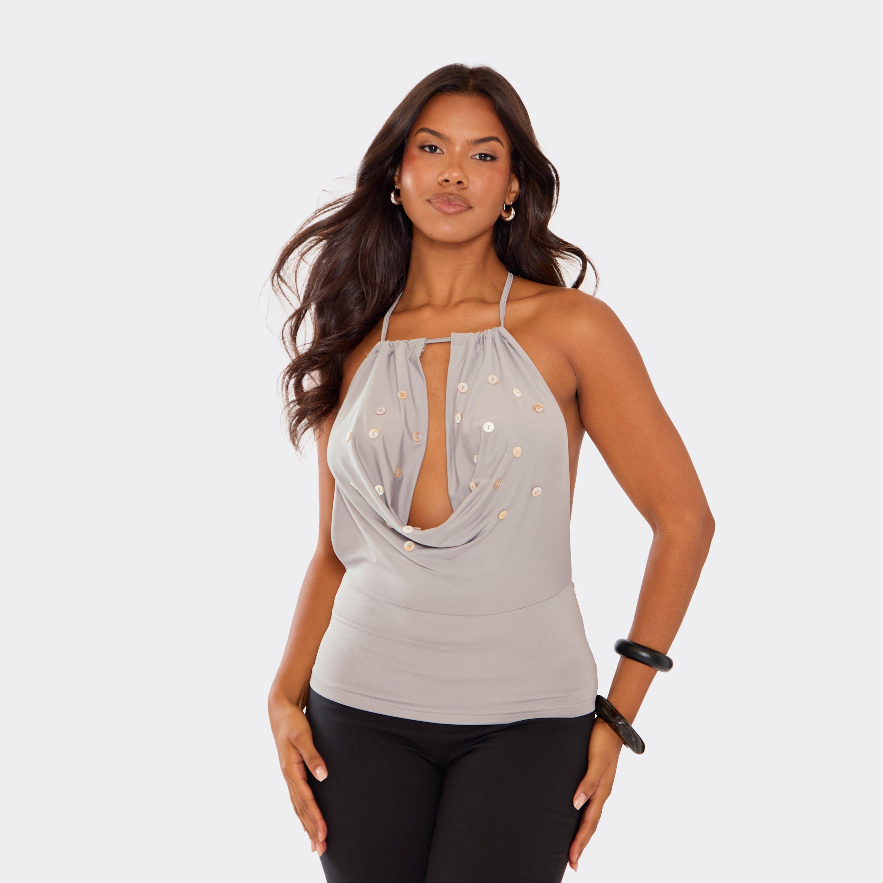 Image of Cowl Neck Button Detail Top In Grey Slinky, Women's