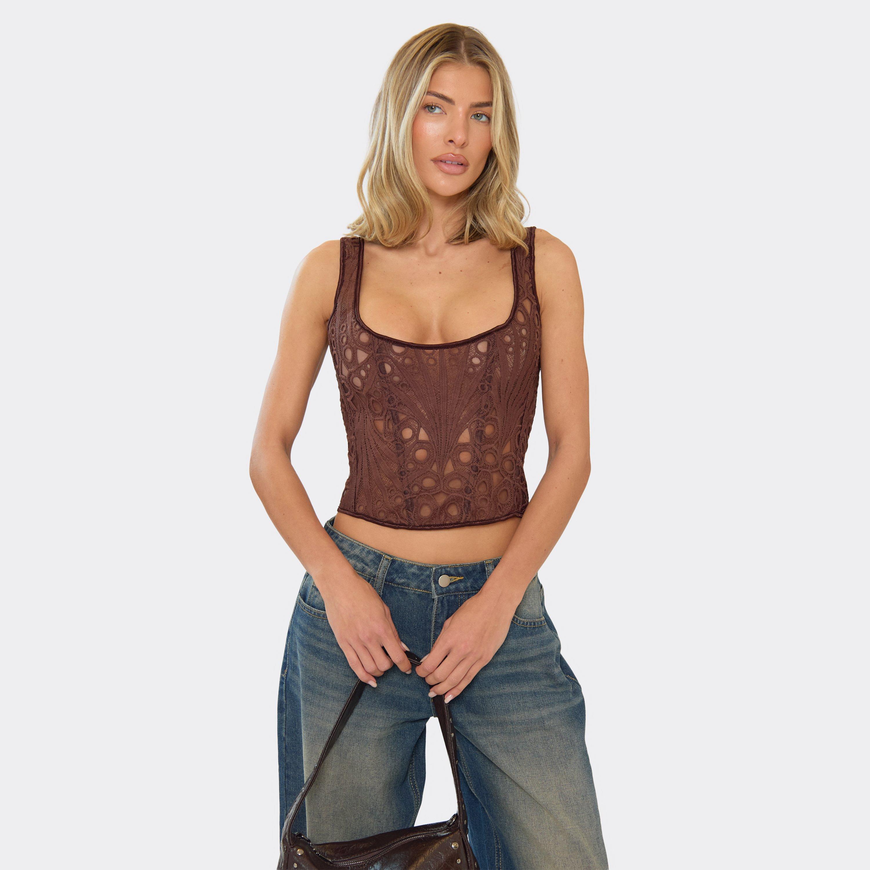 Strappy Stretch Zip Back Detail Corset Top In Chocolate Brown Lace, Women's Size UK 10