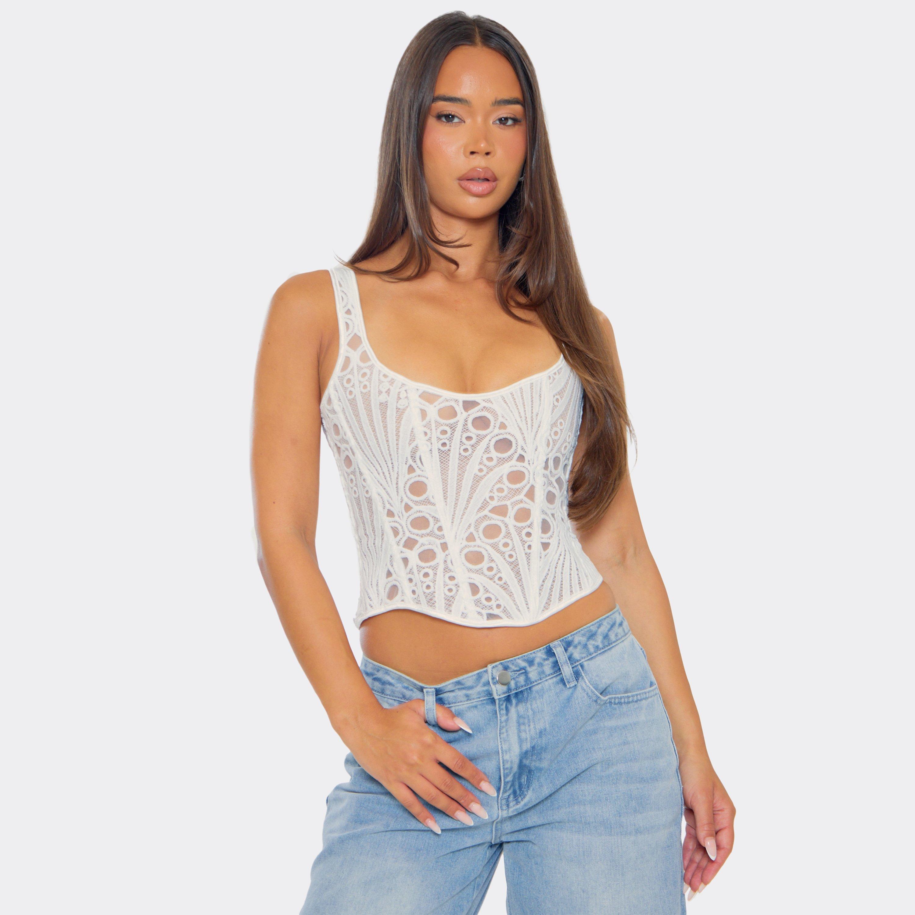 Strappy Stretch Zip Back Detail Corset Top In White Lace, Women's Size UK 6