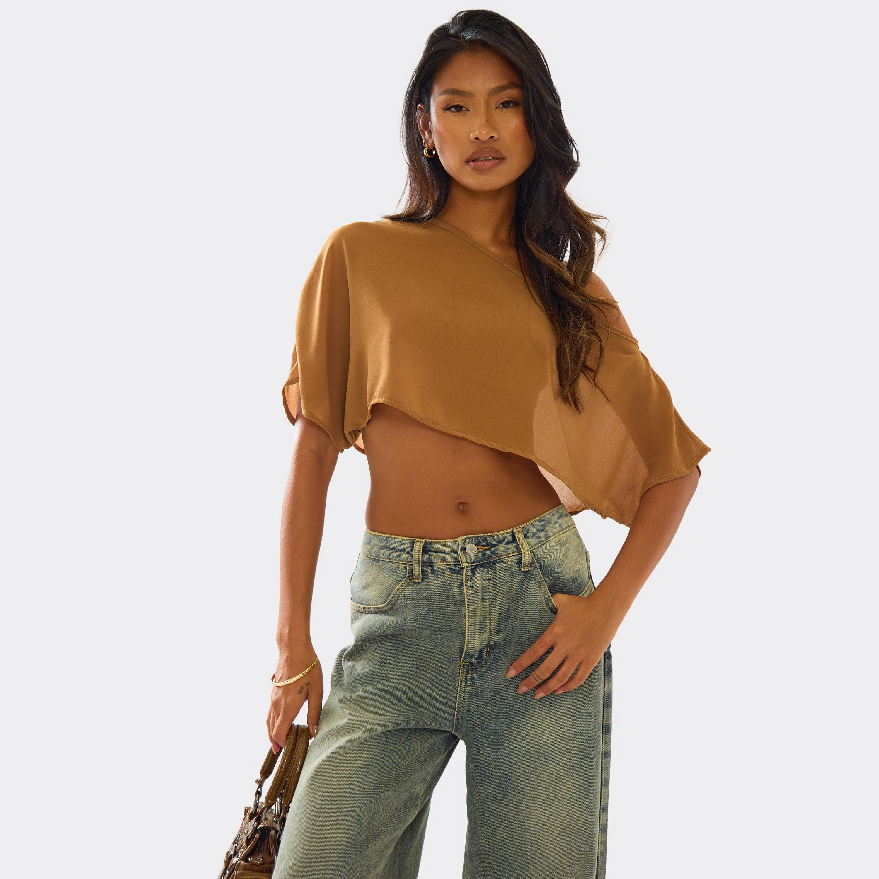 Slash Neck Cape Top In Brown Chiffon, Women's Size UK 10