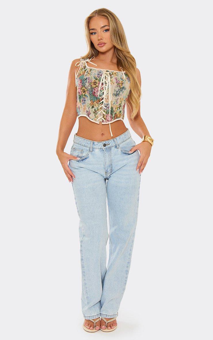 Square Neck Lace Up Front Tie Shoulder Detail Corset Top In Multi
