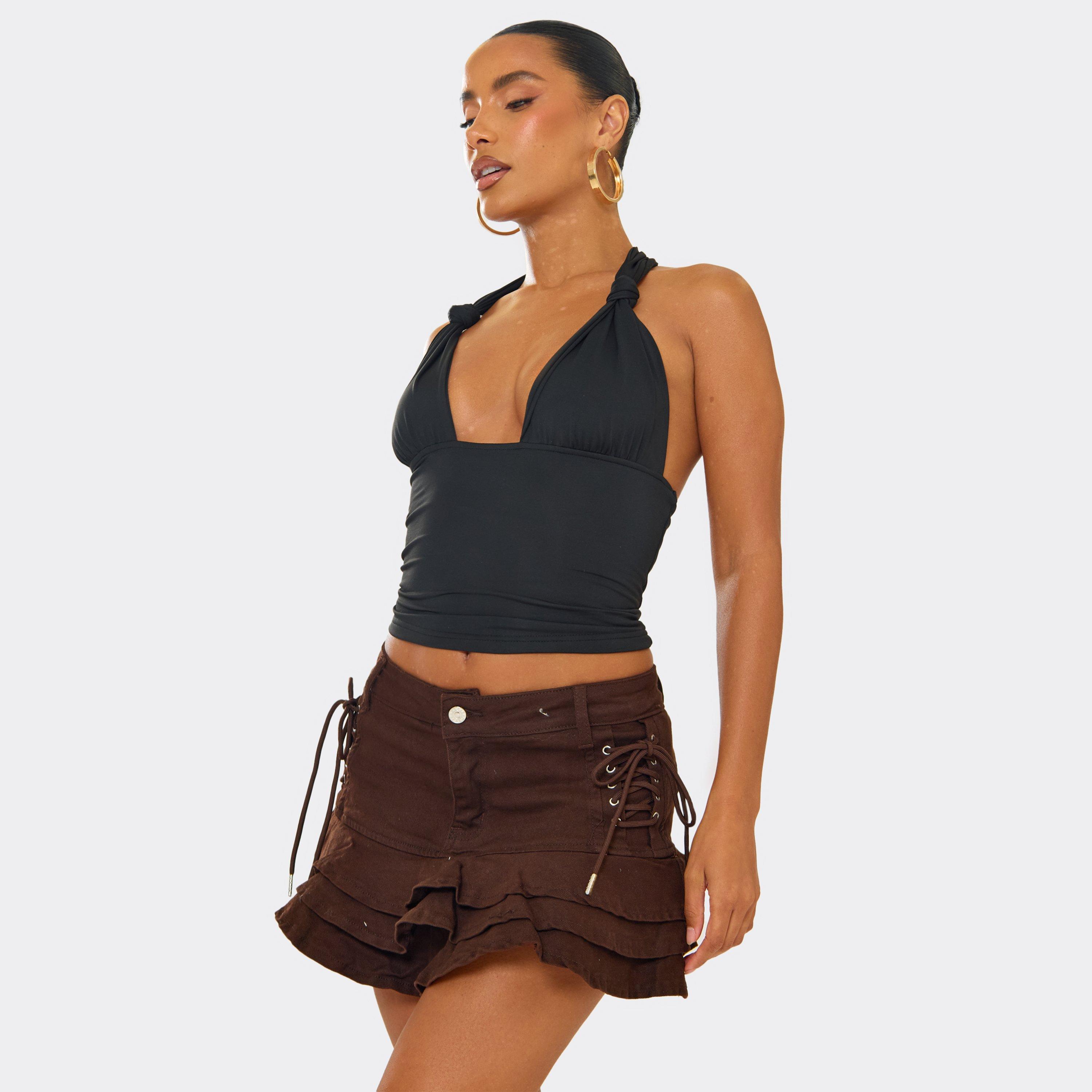 Mid Rise Ruffle Side Lace Up Detail Mini Skirt In Brown Denim, Women's Size UK L